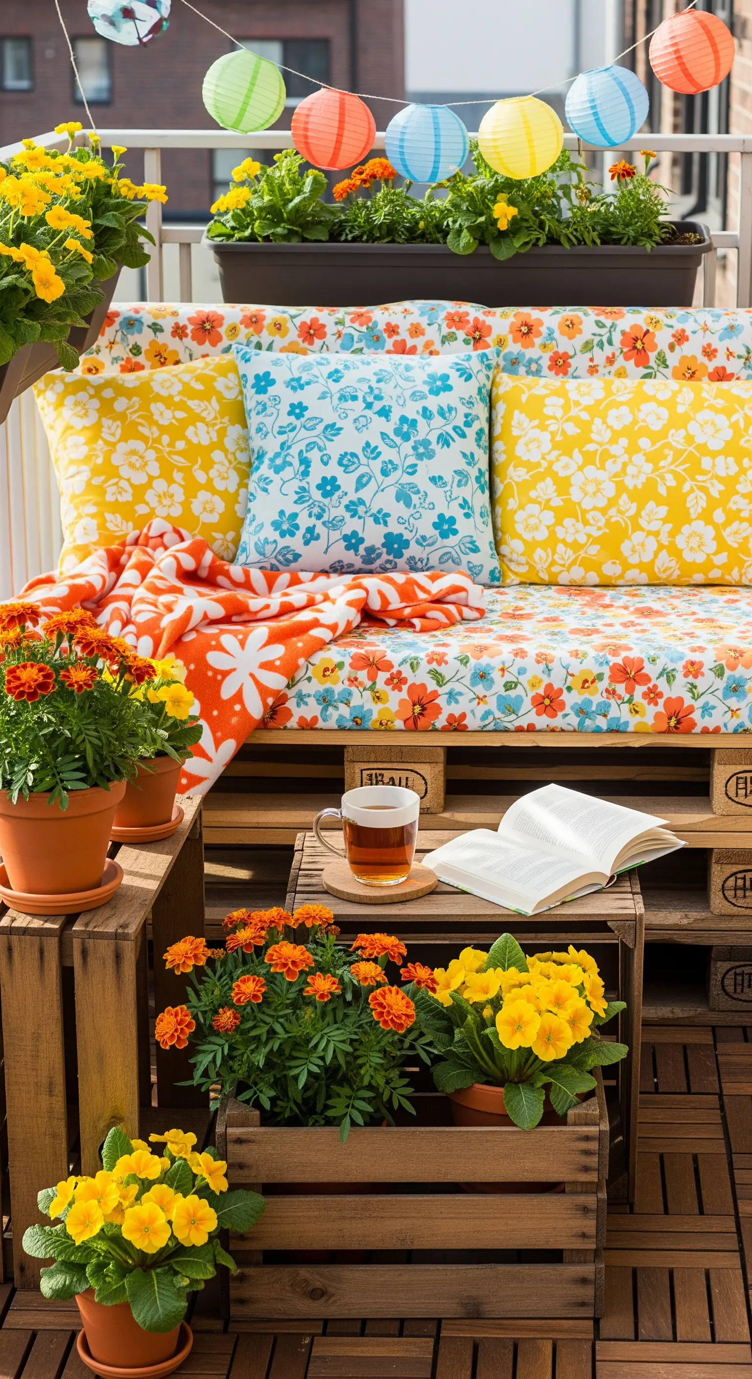 Bunter Balkon, Palettensofa, Blumen, Papierlaternen, Frühlingsfest, fröhlich