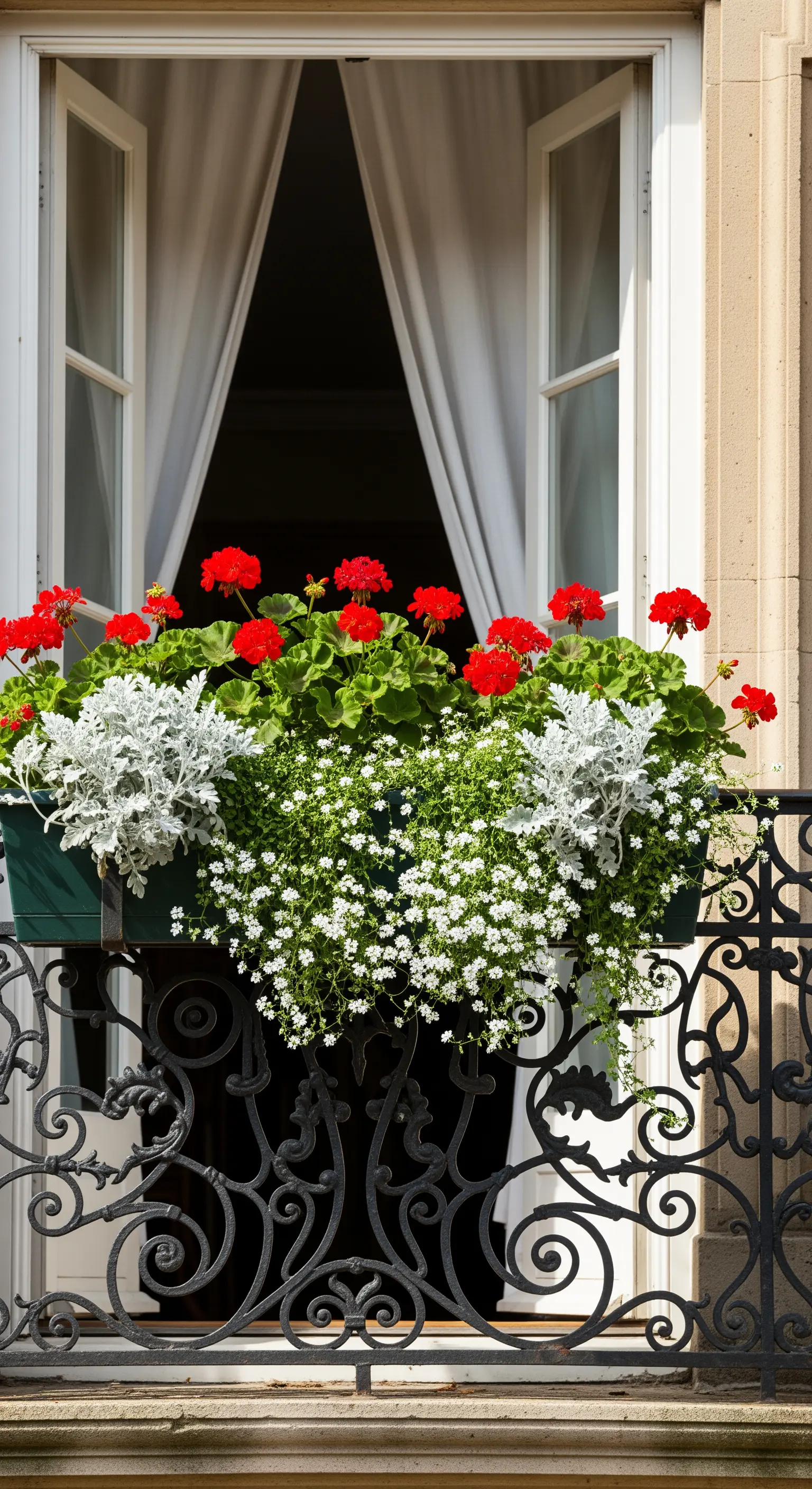 Balkonkasten mit roten Geranien und Silberblatt an einem verzierten Geländer