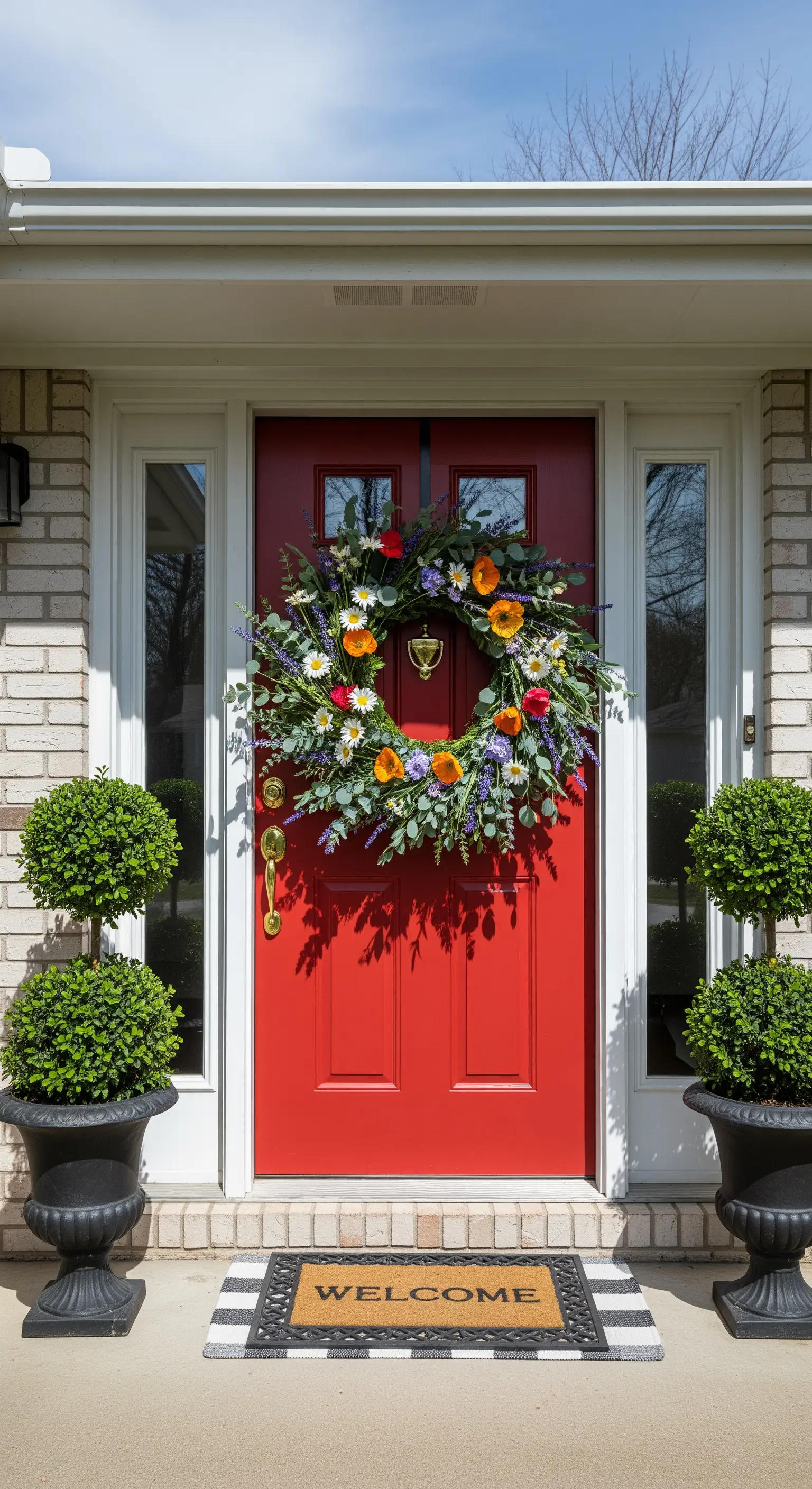 Farbenprächtiger Wildblumenkranz auf einer roten Haustür mit Buchsbaumkugeln