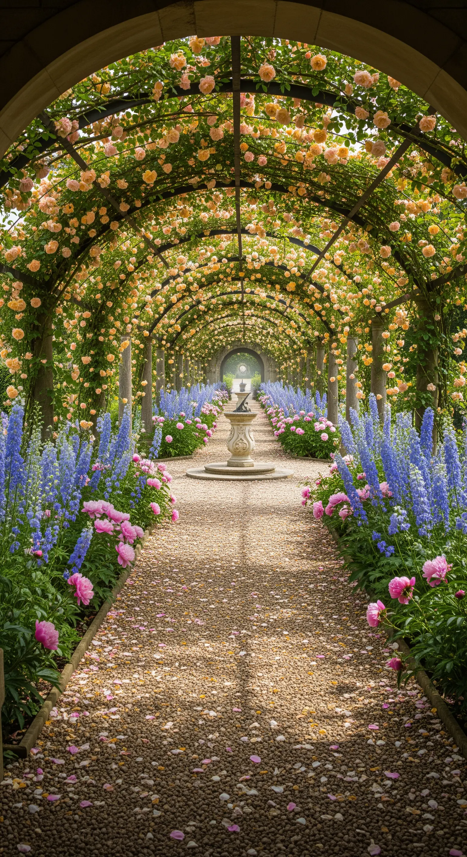 Langer Blütentunnel aus pfirsichfarbenen Rosen, gesäumt von Rittersporn und Pfingstrosen, mit Brunnen
