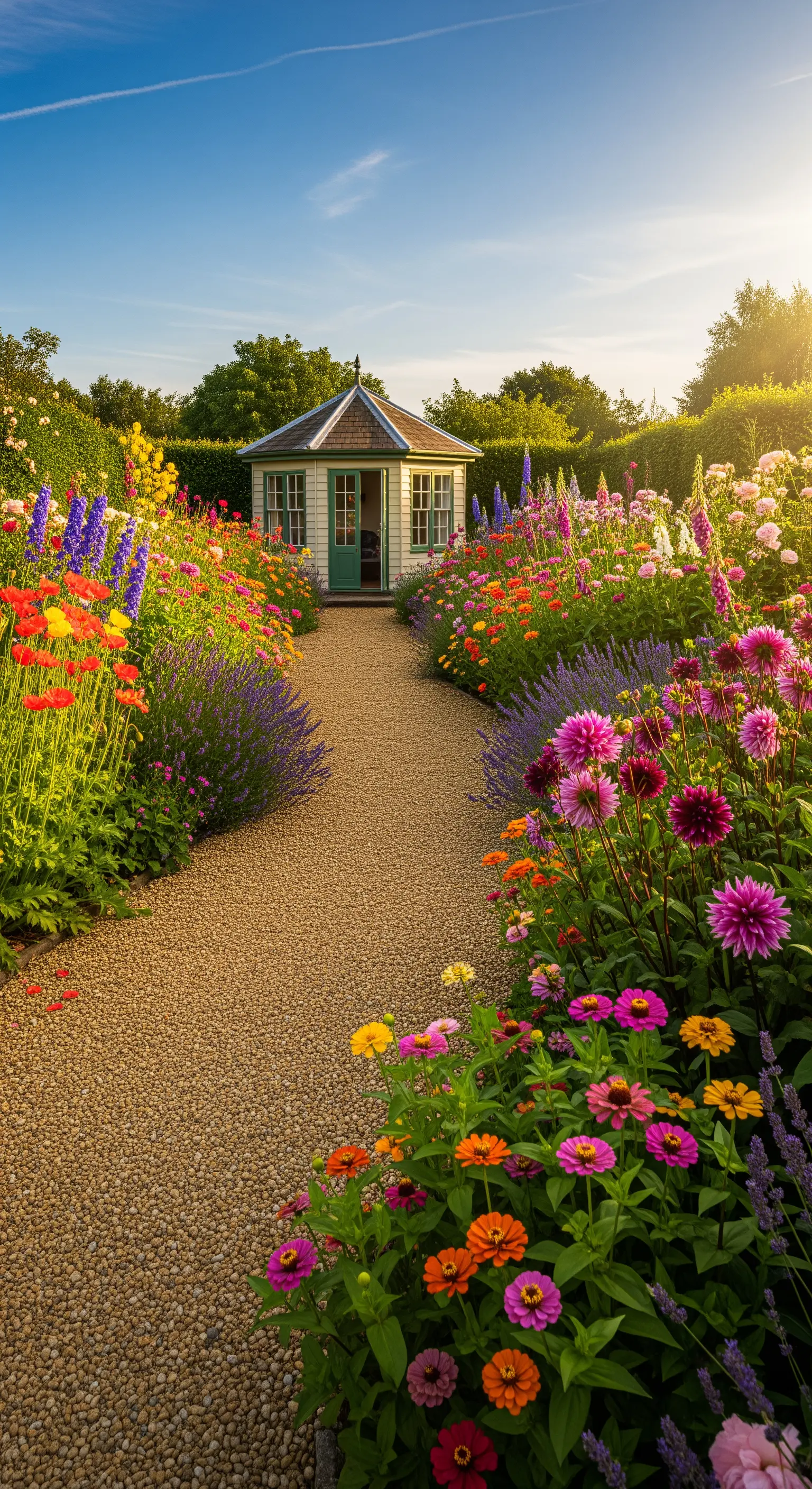 Kiesweg zu Gartenhaus, umgeben von bunten Sommerblumen