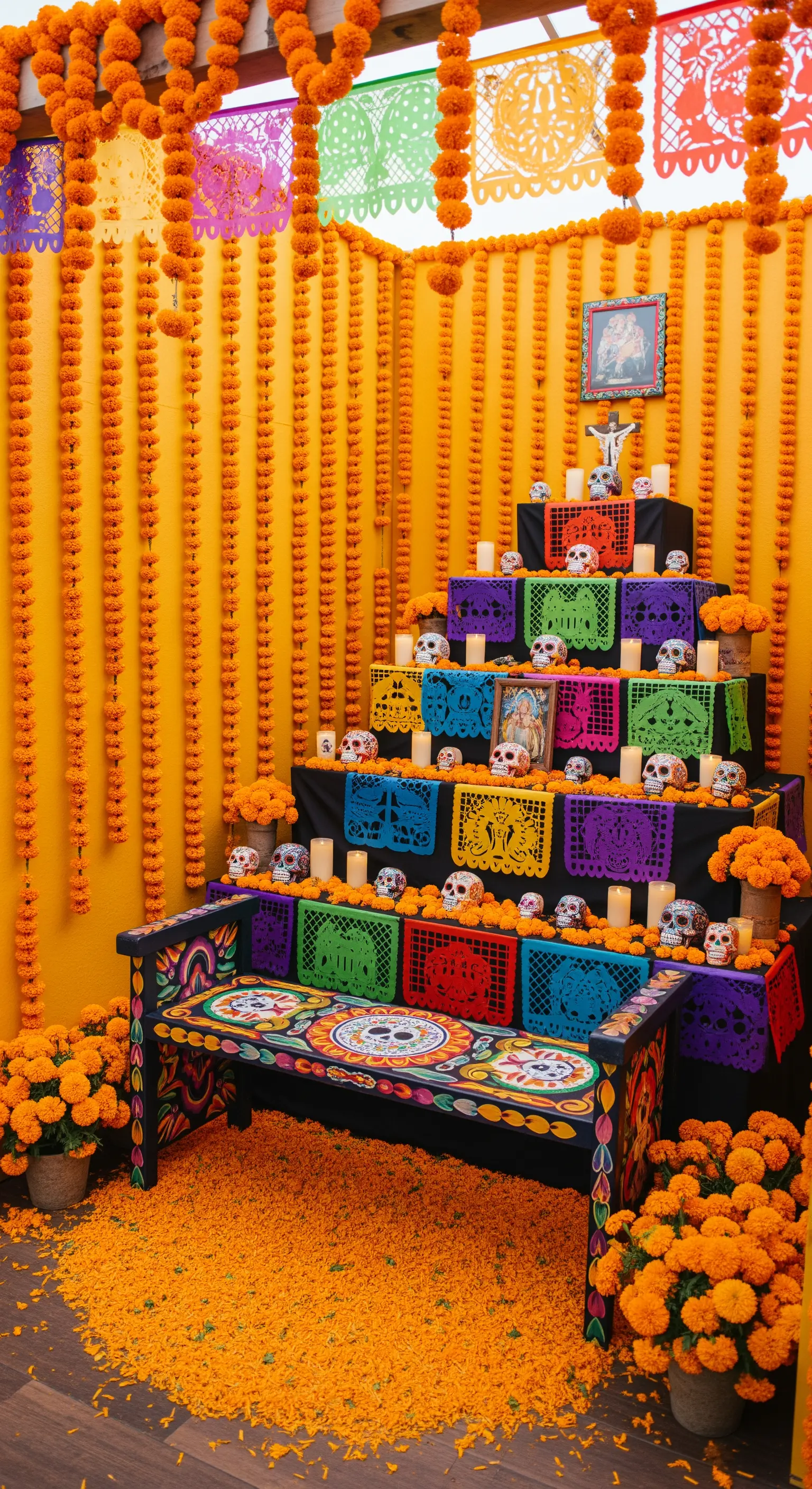 Farbenfroher Dia de los Muertos Altar mit Ringelblumen, Papel Picado und Sugar Skulls