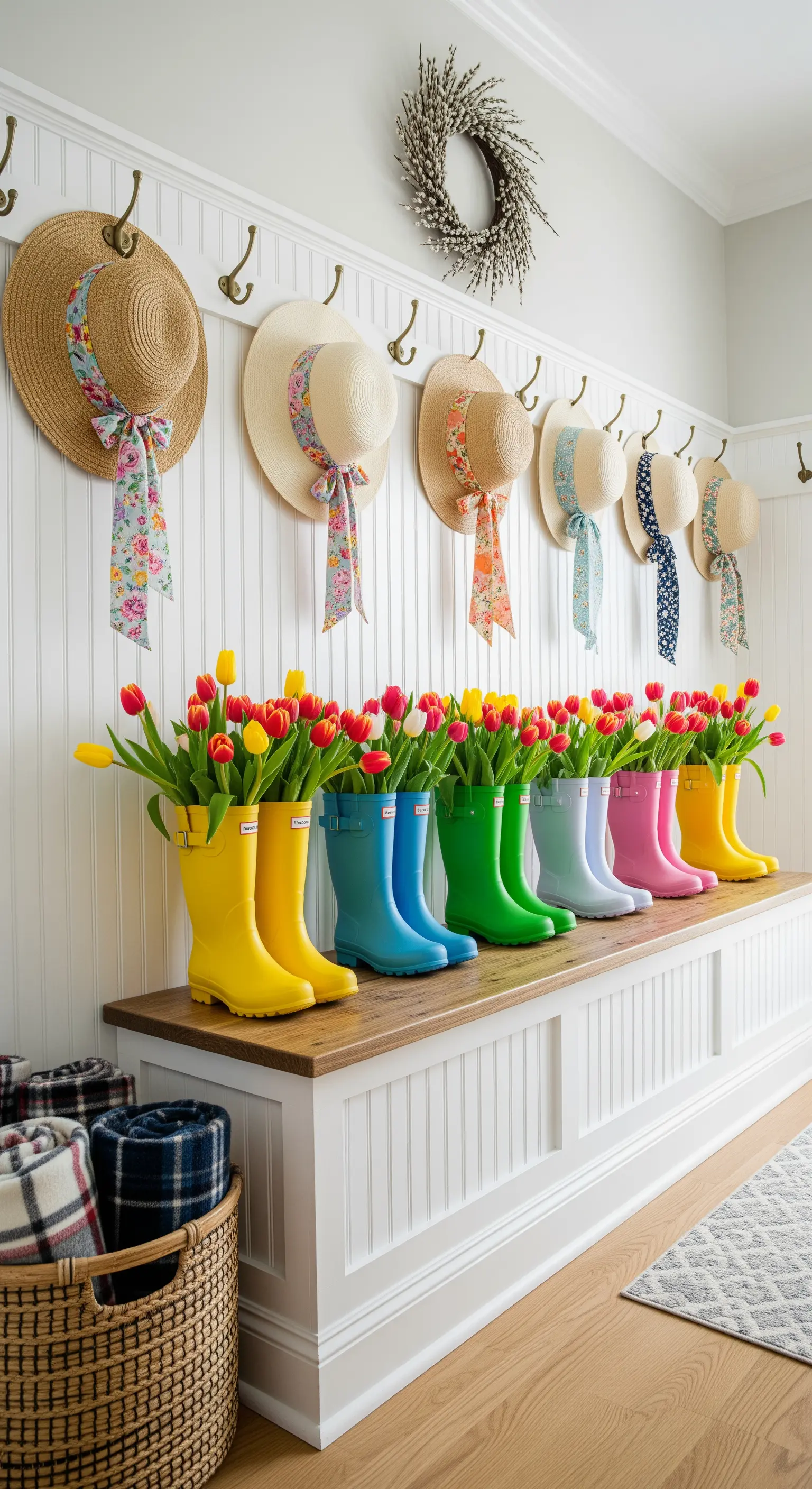 Eingangsbereich mit bunten Gummistiefeln voller Tulpen, Strohhüten und Weidenkranz.