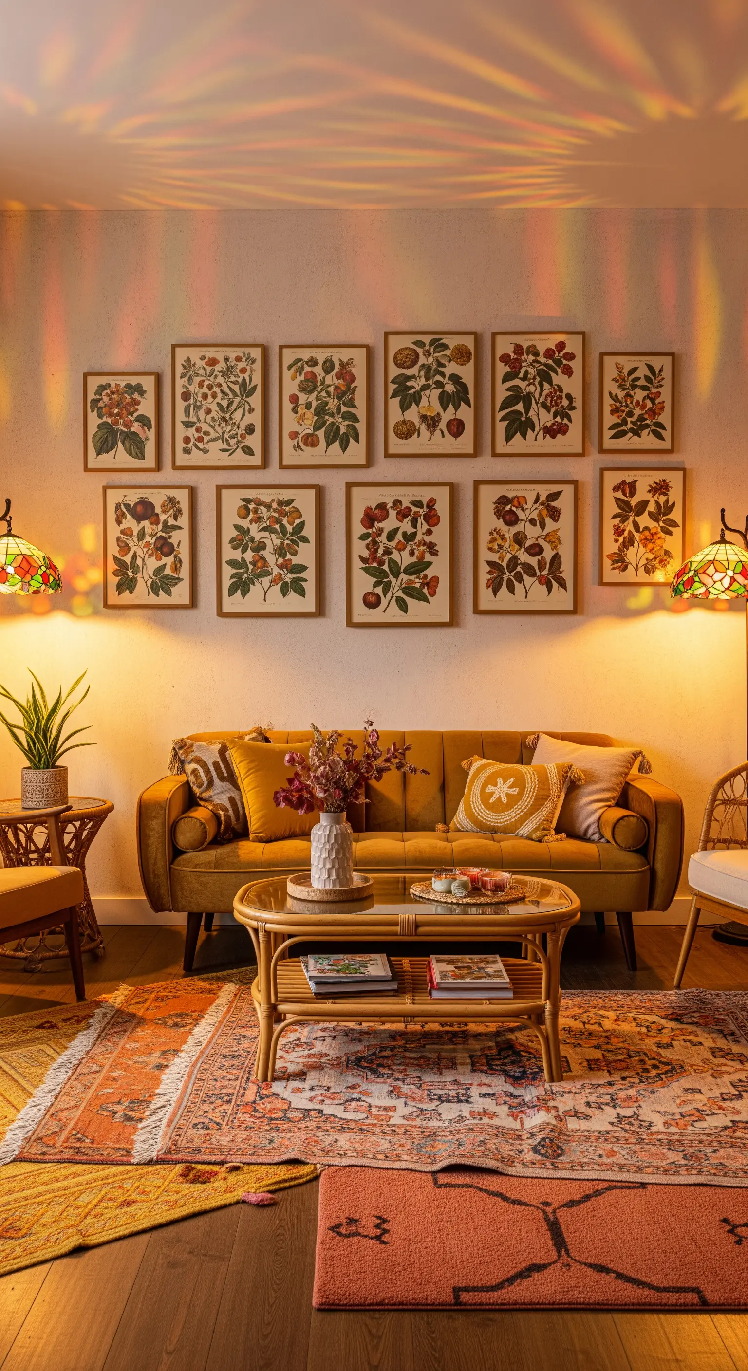 Eklektisches Wohnzimmer mit gelbem Sofa, botanischen Bildern und bunten Teppichen