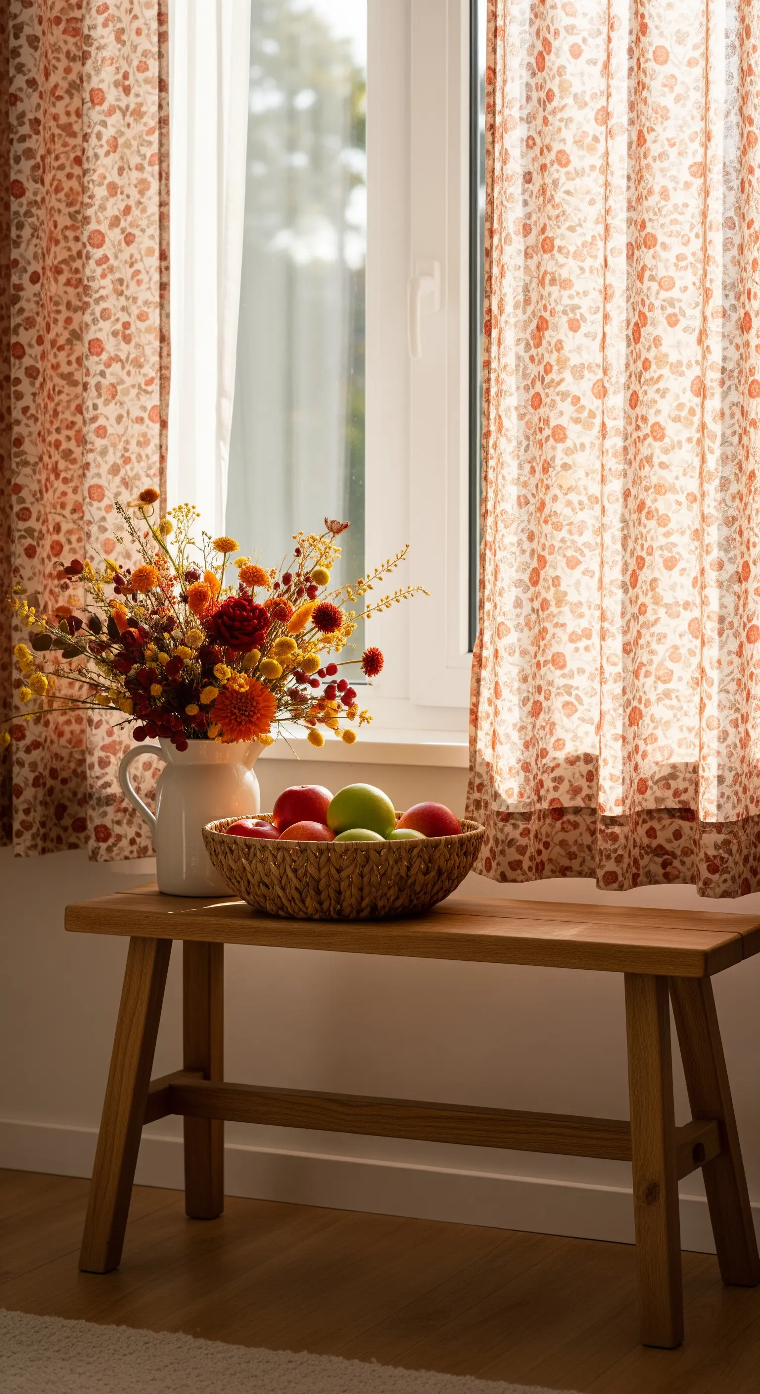 Holzsitzbank mit Äpfeln, Herbstblumen und gemusterten Vorhängen.
