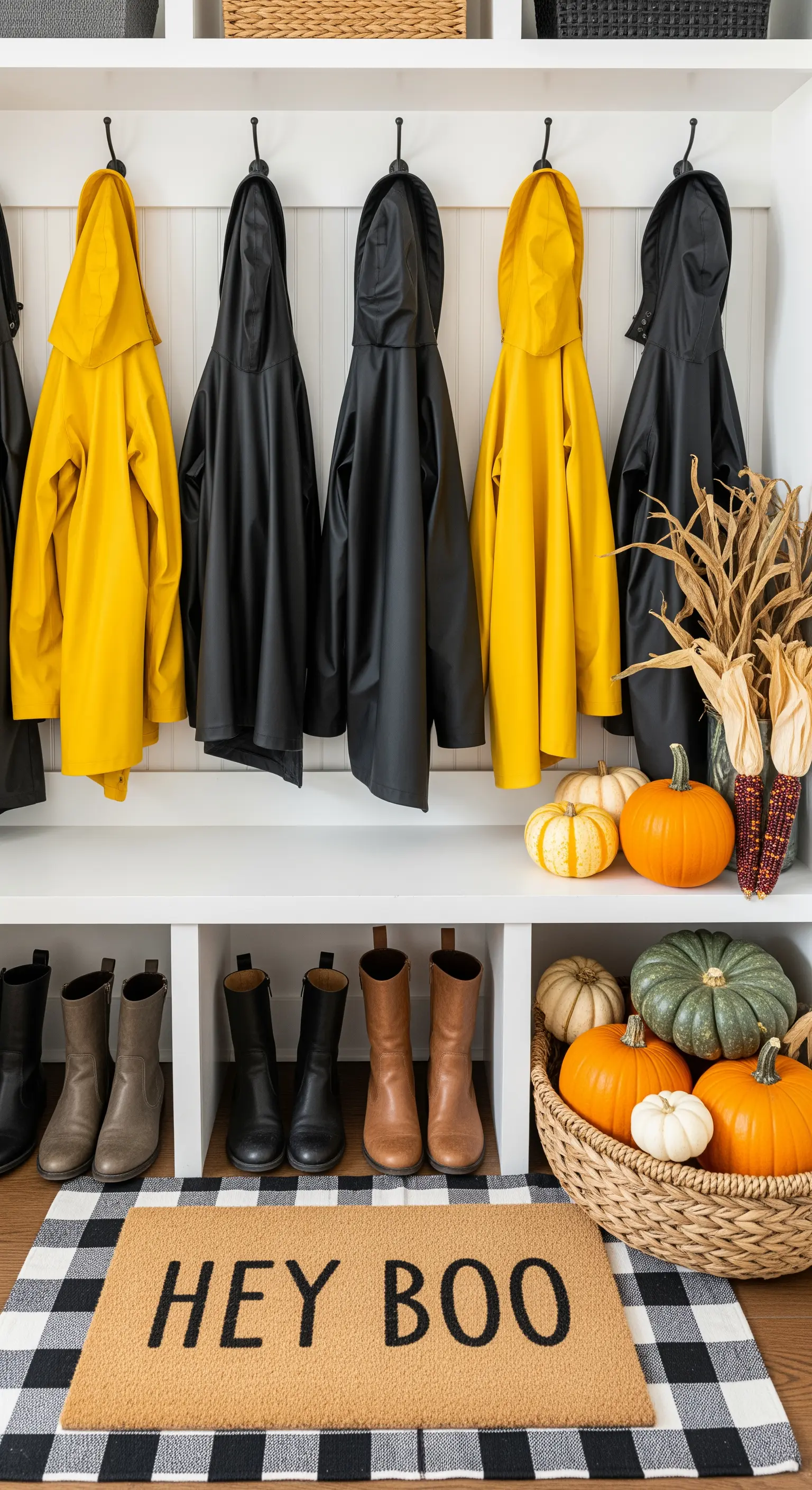 Garderobe mit gelben und schwarzen Regenmänteln, Kürbissen im Korb, Maiskolben und
