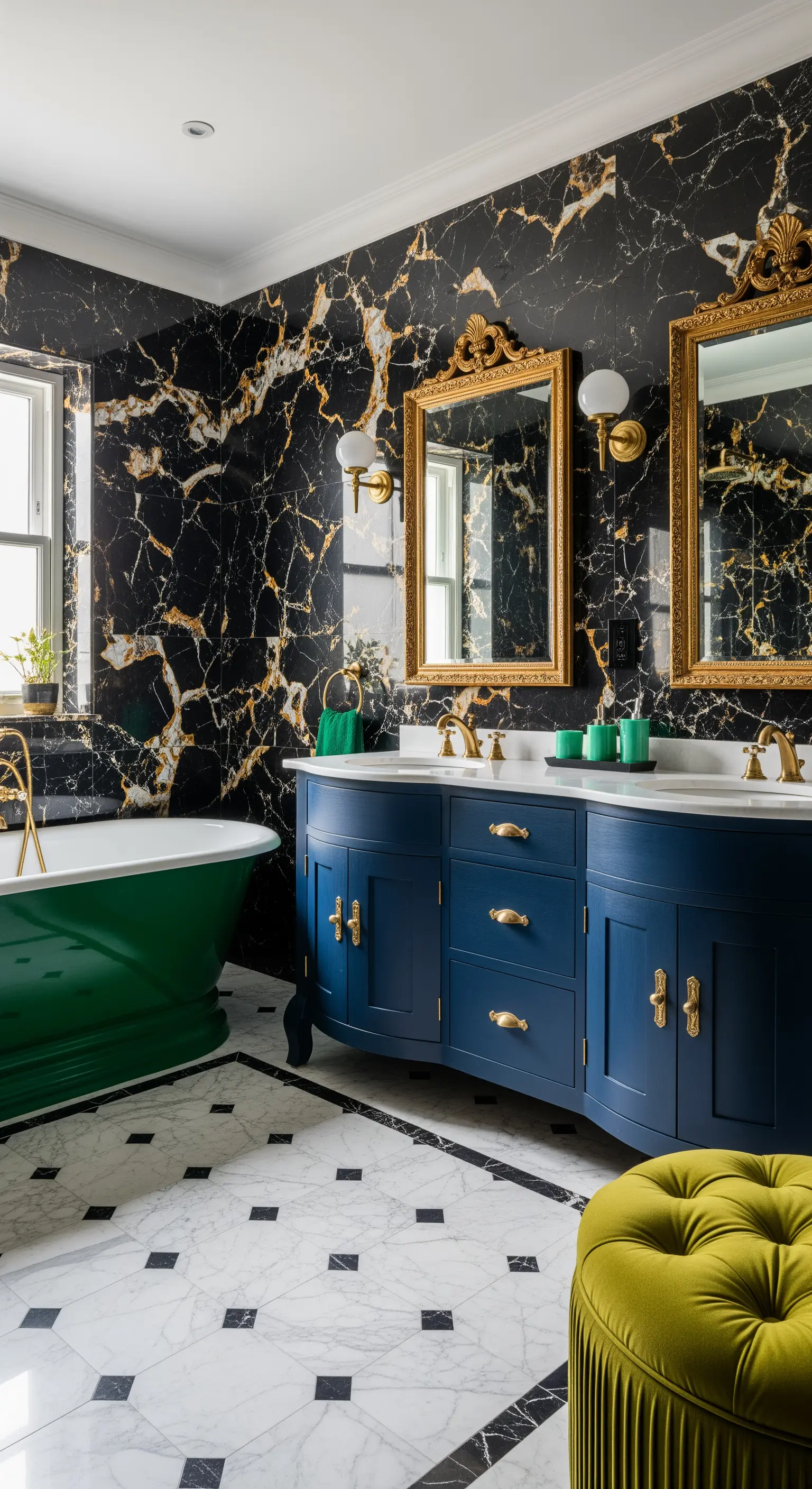 Badezimmer mit schwarz-goldenem Marmor, grüner Wanne und blauem Waschtisch.