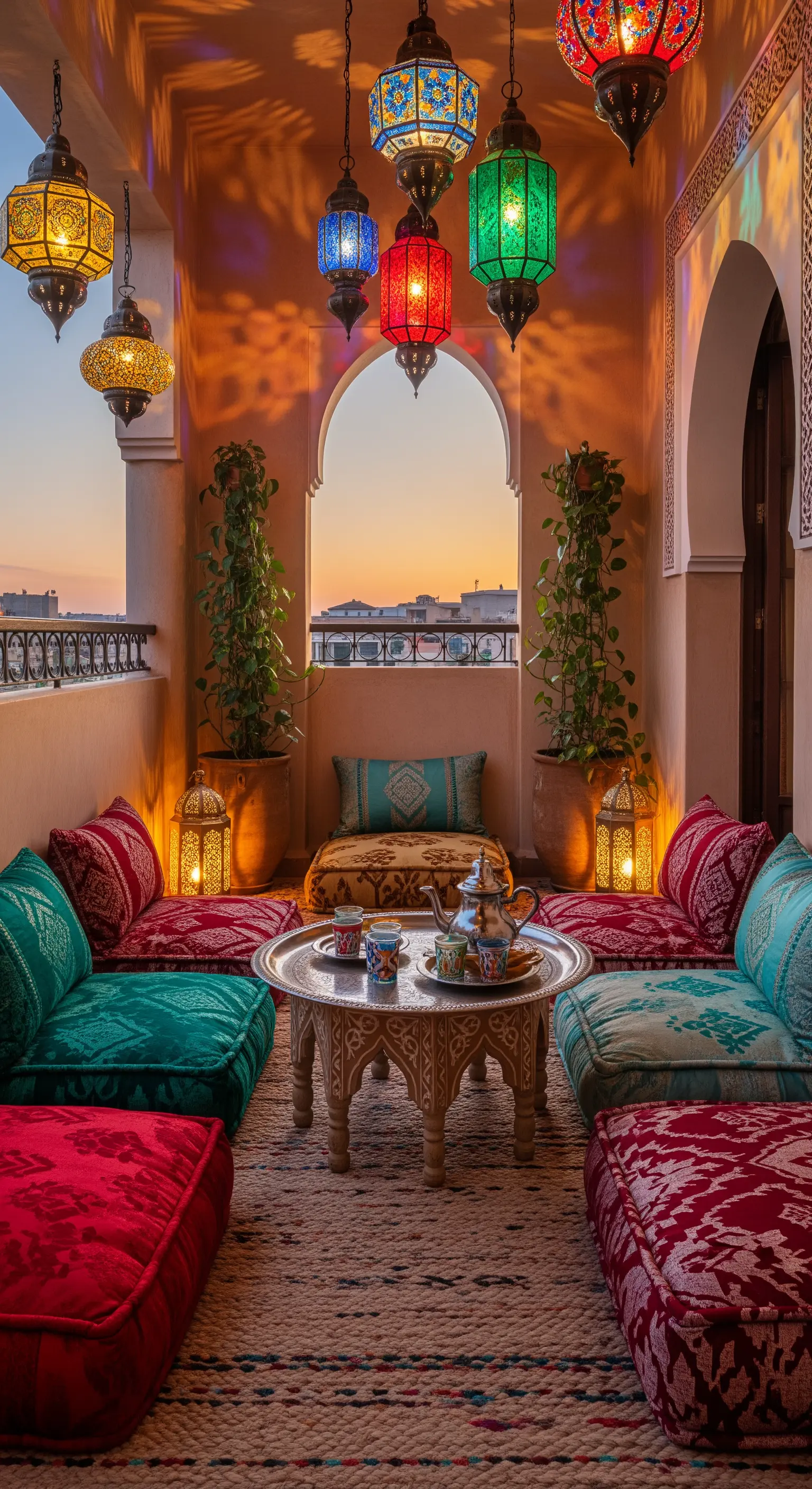 Marokkanischer Balkon mit bunten Laternen, Bodenkissen und Teetisch