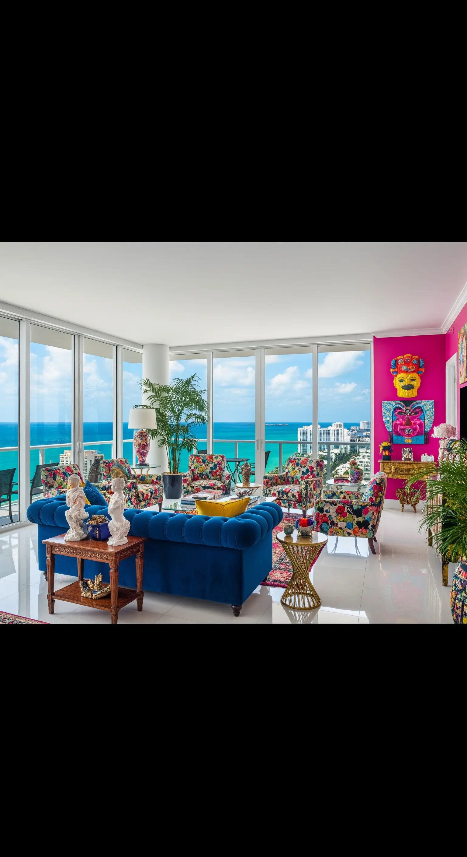 Eklektisches Wohnzimmer mit blauem Samtsofa und bunten, gemusterten Sesseln