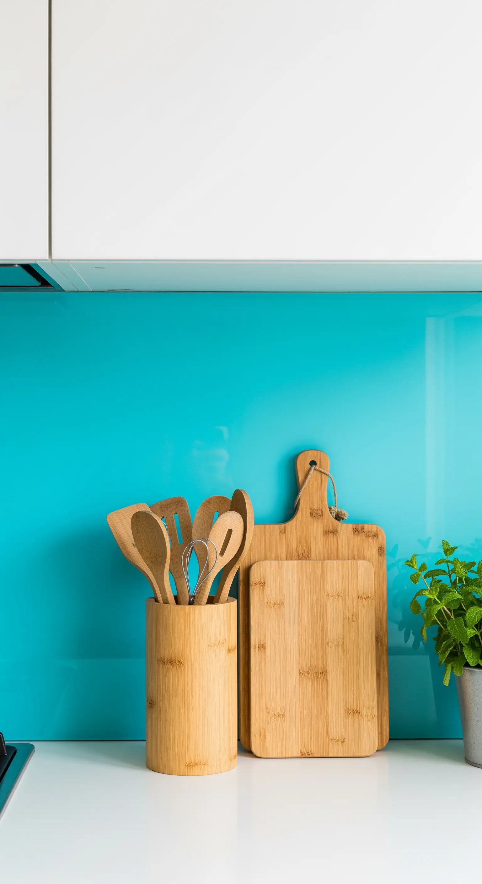 Moderne Küche mit türkisfarbener Glasrückwand und Küchenutensilien aus Bambus