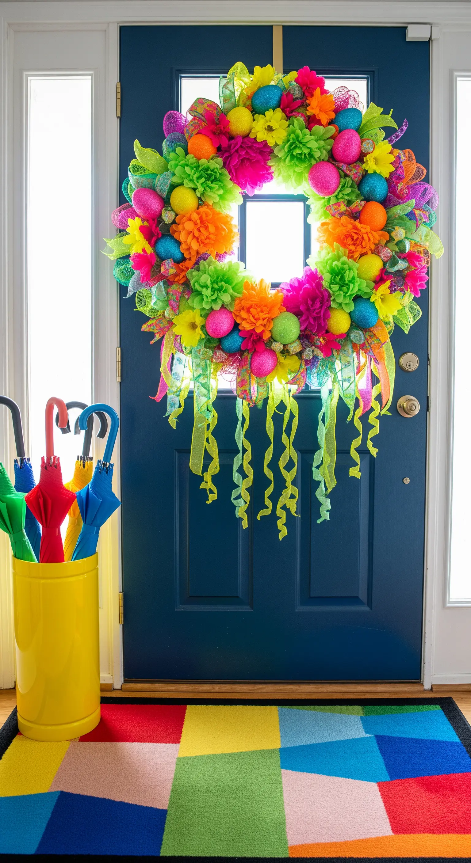Lebhafter Osterkranz in Regenbogenfarben an blauer Tür