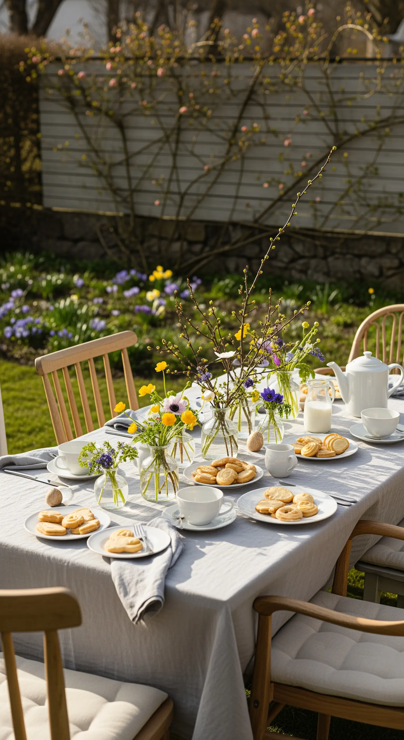 Gedeckter Gartentisch mit Wildblumen, Keksen und Tee-Set
