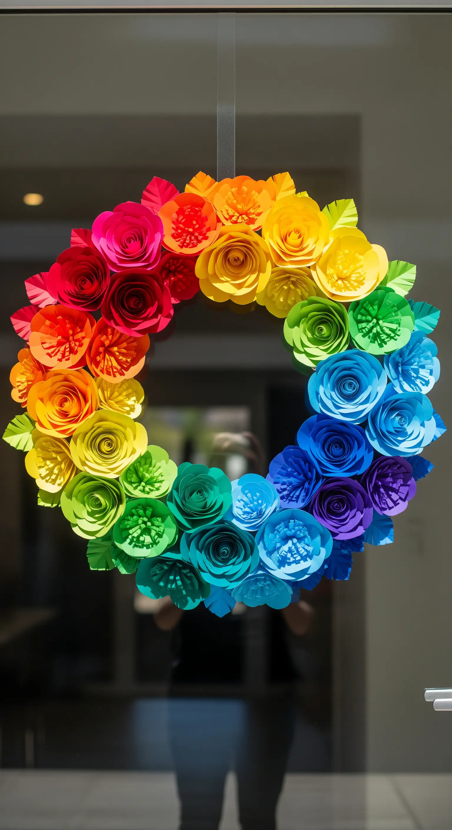 Regenbogen-Kranz aus farbenfrohen Papierrosen, aufgehängt an einer Glastür.