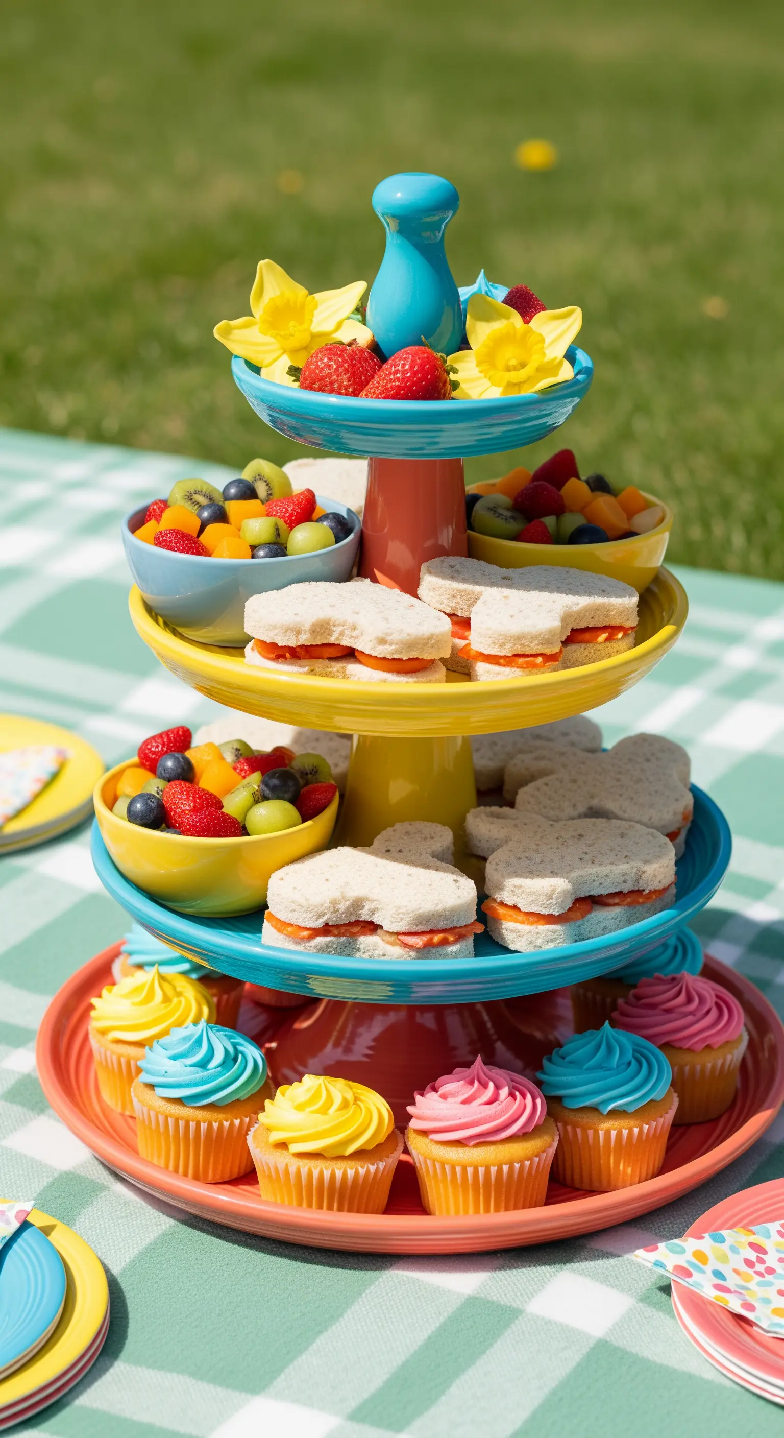 Bunte Keramik-Etagere mit Obst, Sandwiches und Cupcakes für ein Picknick