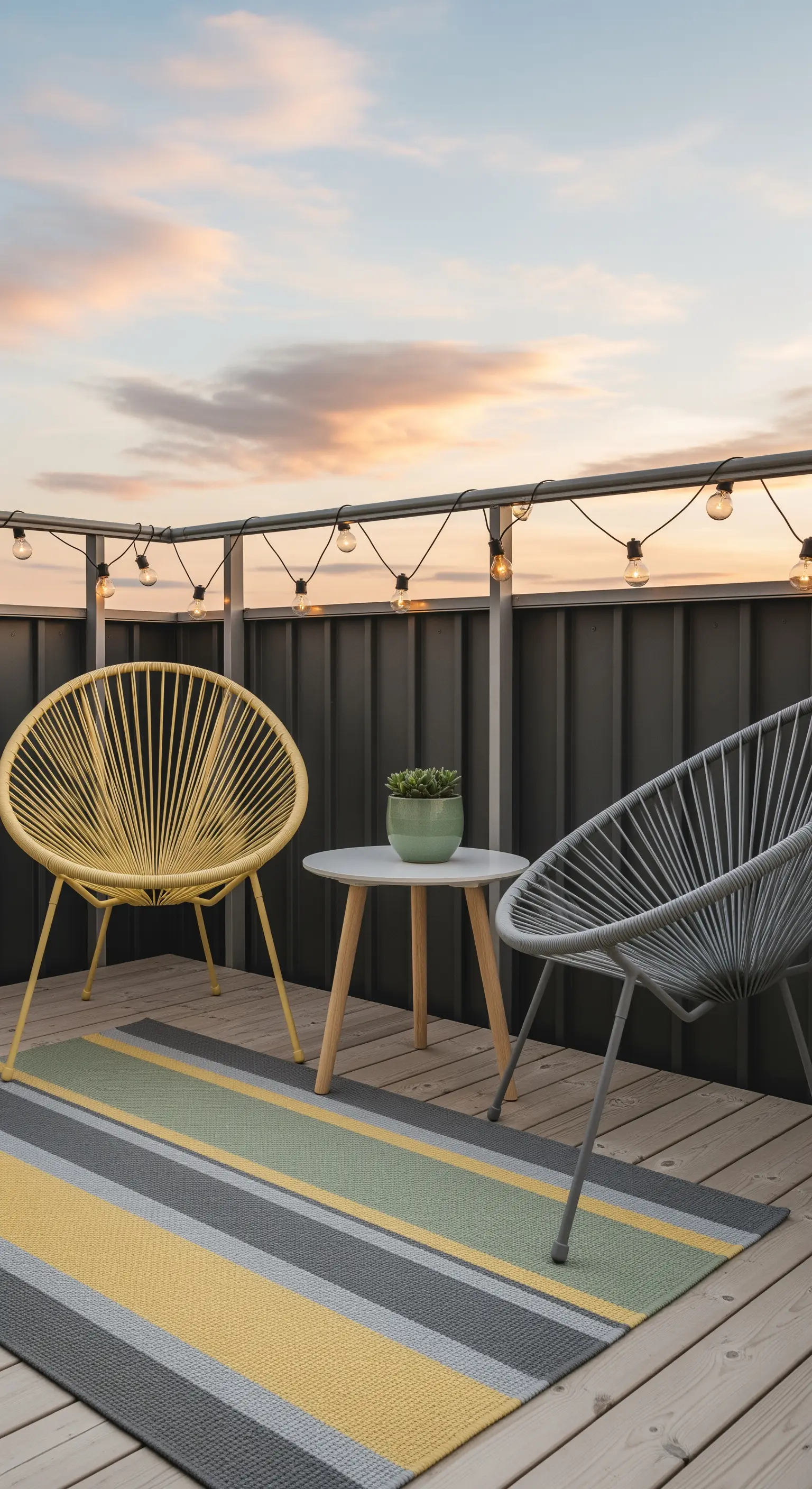 Balkon mit bunten Acapulco-Stühlen, gestreiftem Teppich und Lichterkette
