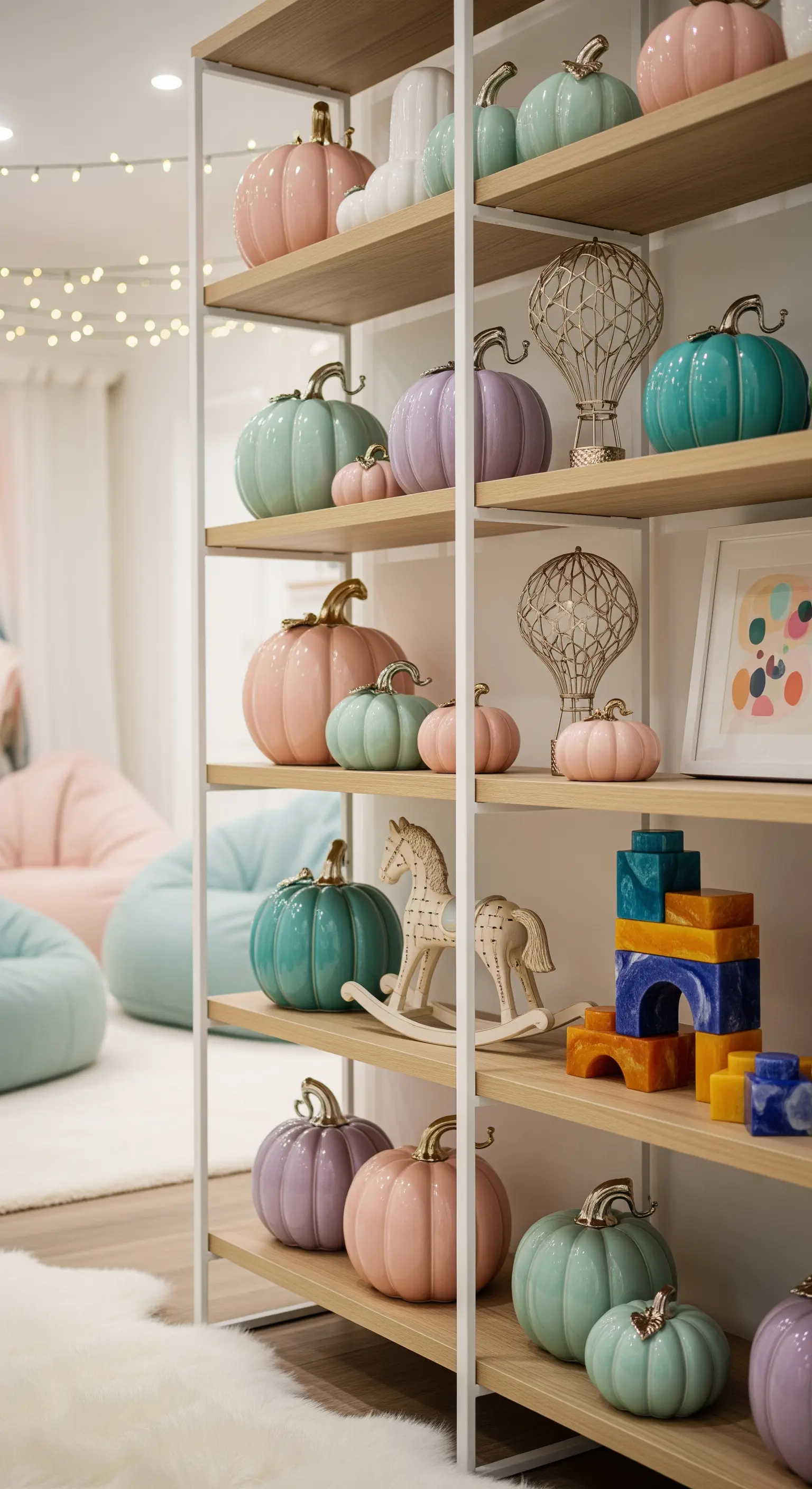 Kinderzimmerregal mit pastellfarbenen Keramikkürbissen, Holzspielzeug und Bauklötzen.