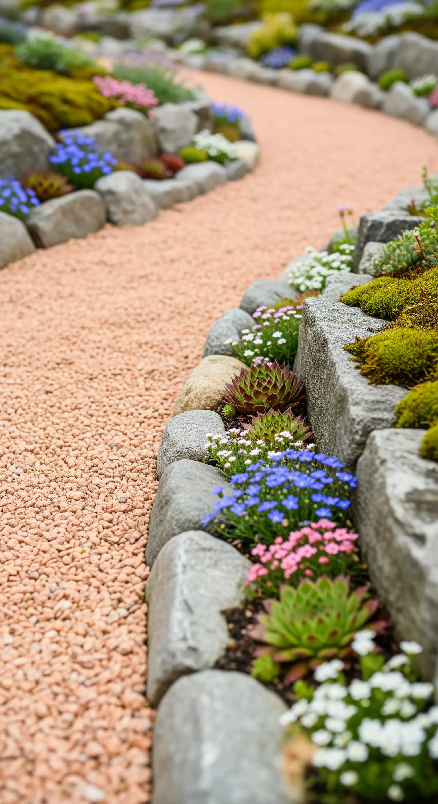 Rosé-Kiesweg mit Steinrand, Sukkulenten und kleinen Blüten