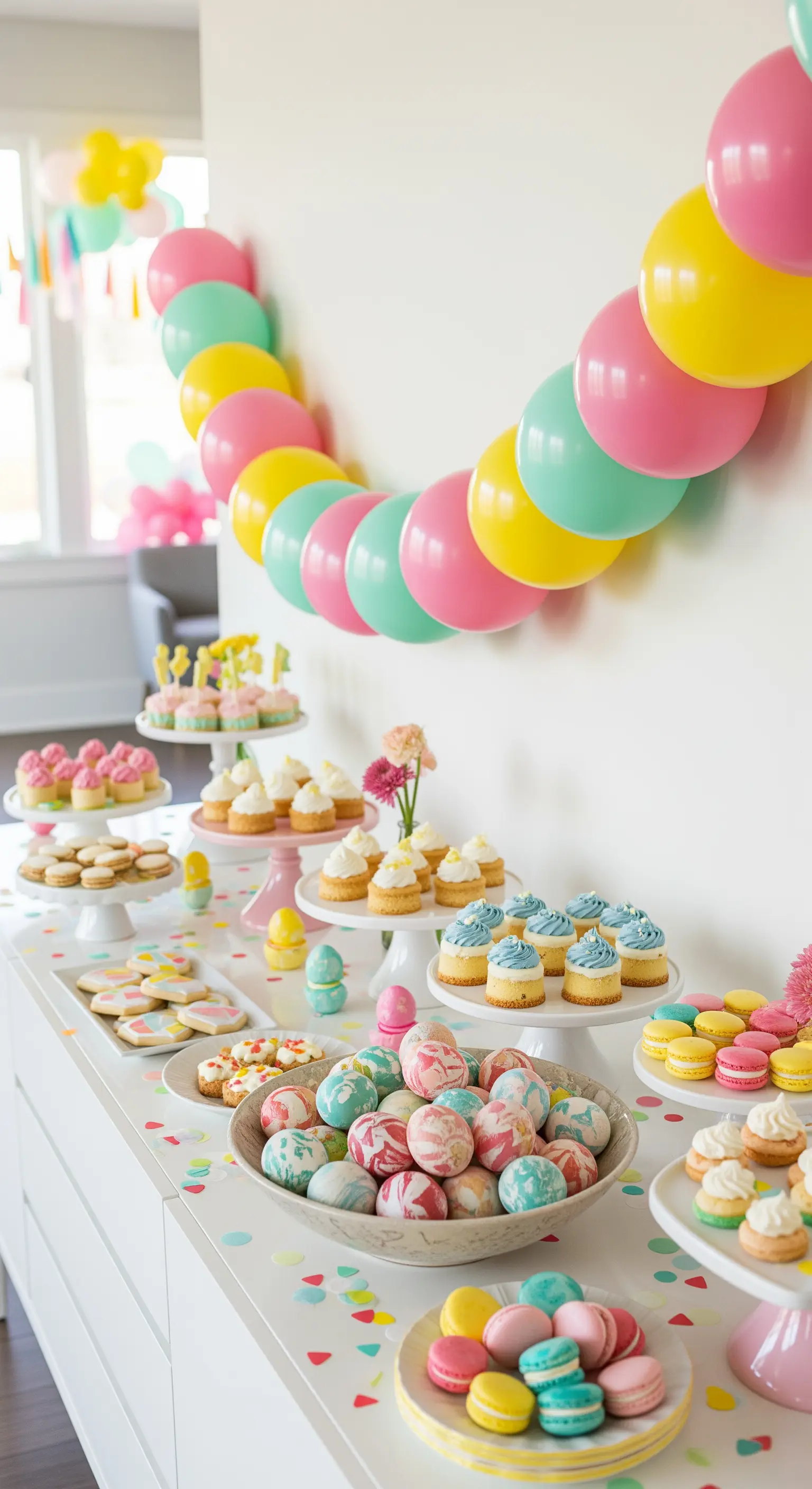 Sweet Table mit Pastell-Ballongirlande, Cupcakes, Macarons und marmorierten Eiern