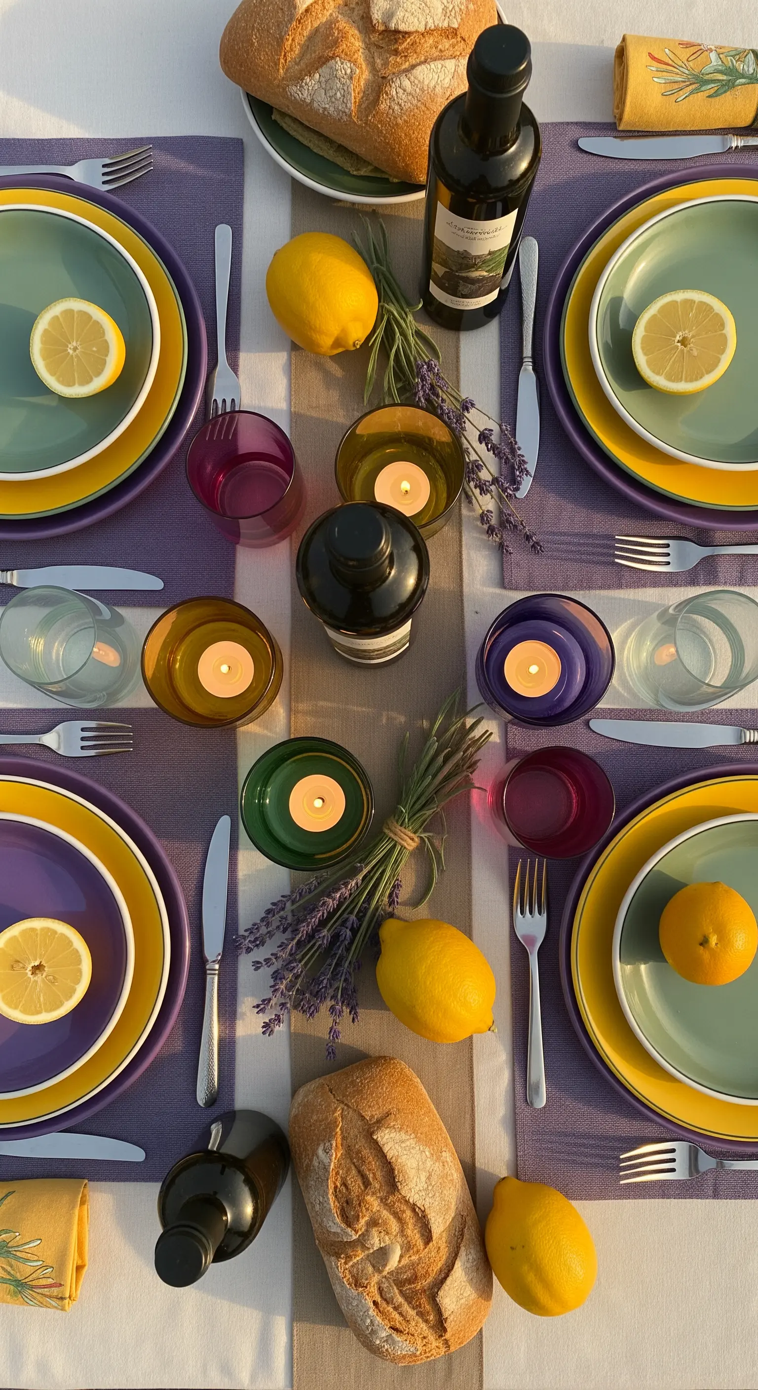 Farbenfrohe Tischdeko mit violettem und gelbem Läufer, Zitronen, Lavendel, Kerzen