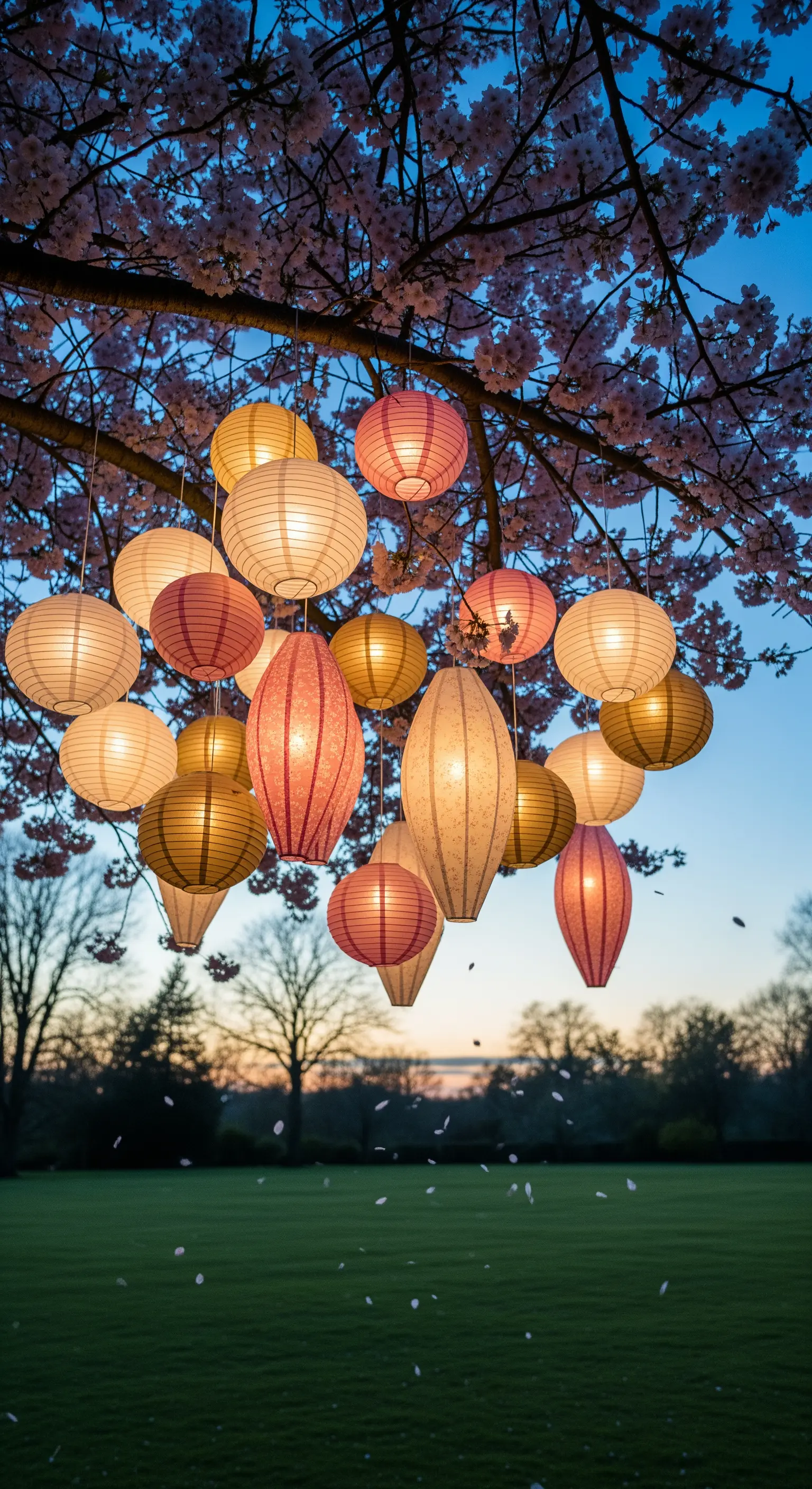 Kirschbaum mit bunten Papierlaternen in verschiedenen Formen im Abendlicht.