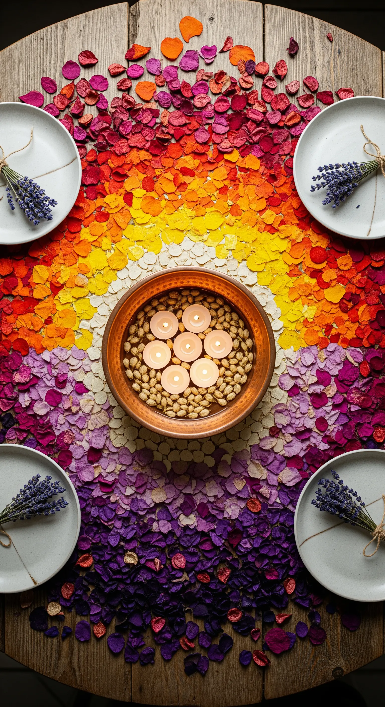 Regenbogen aus Blütenblättern, Kupferschale mit schwimmenden Teelichtern, Lavendel-Servietten für farbenfrohe Deko.