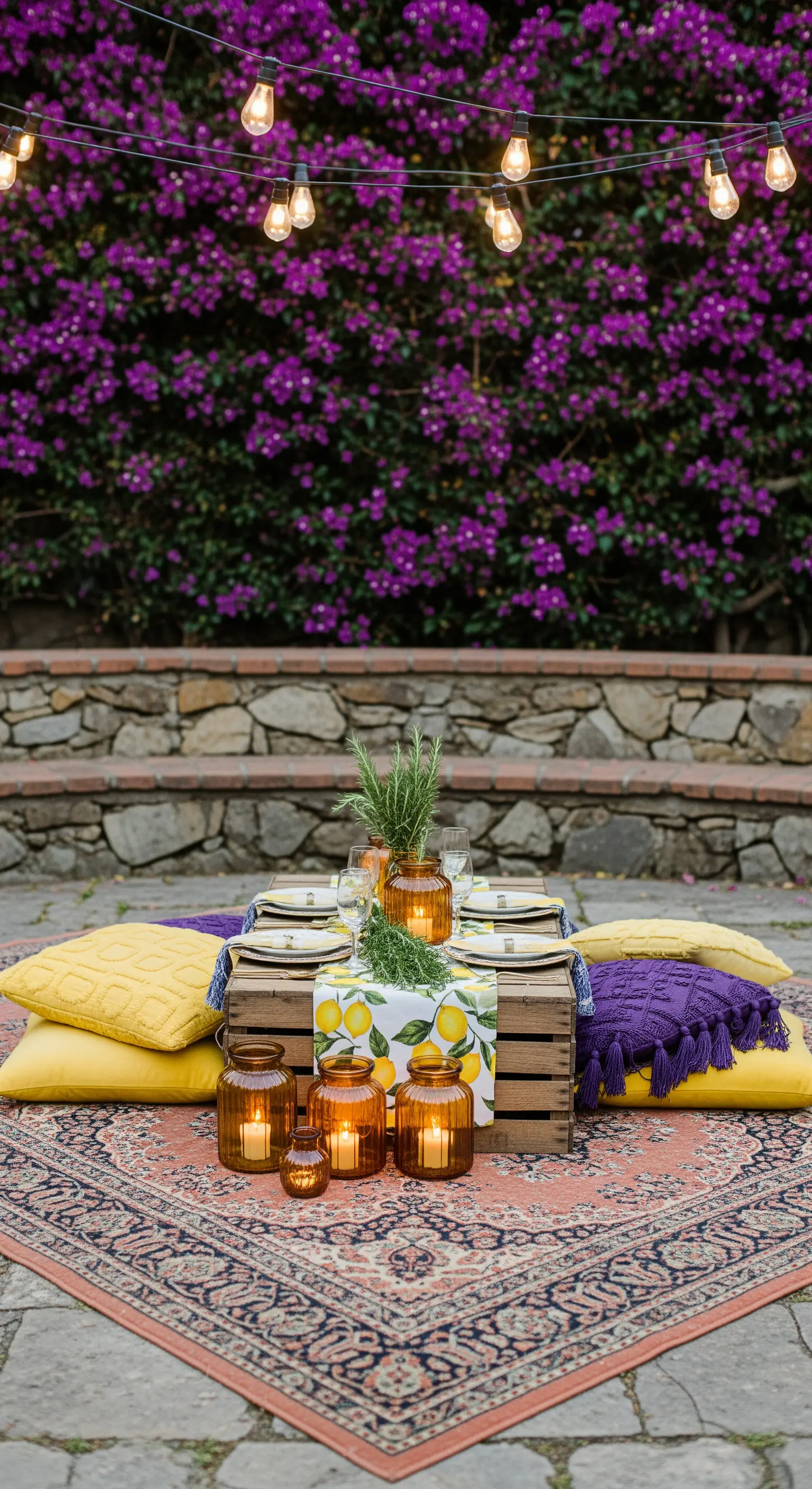 Vibranter Picknickplatz mit lila Bougainvillea, gelben Kissen und Zitronen-Deko
