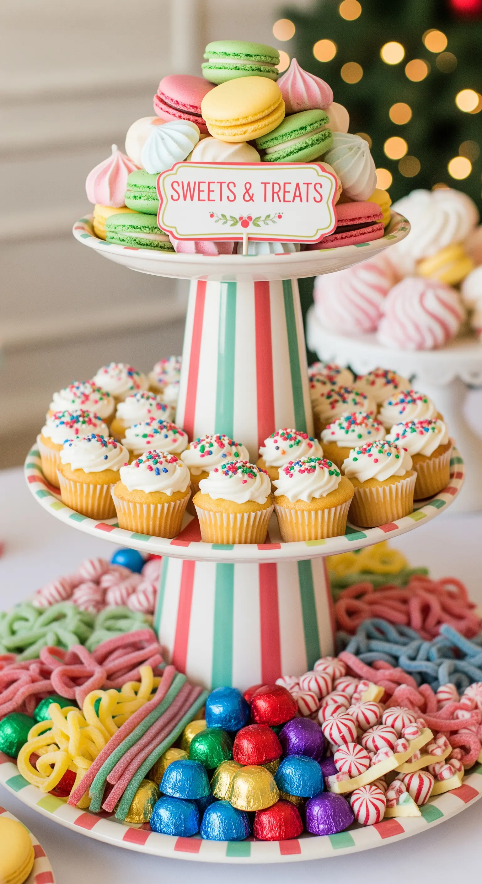 Bunt gestreifte Etagere, reichlich gefüllt mit Cupcakes, Macarons und Süßigkeiten