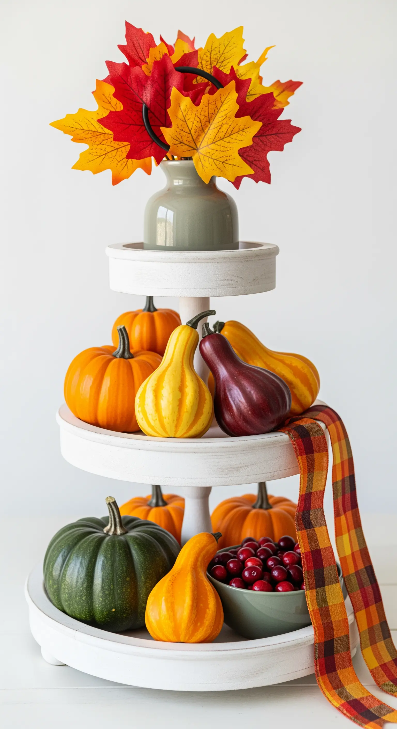 Weiße Etagere mit bunten Kürbissen, Blättern und Cranberries