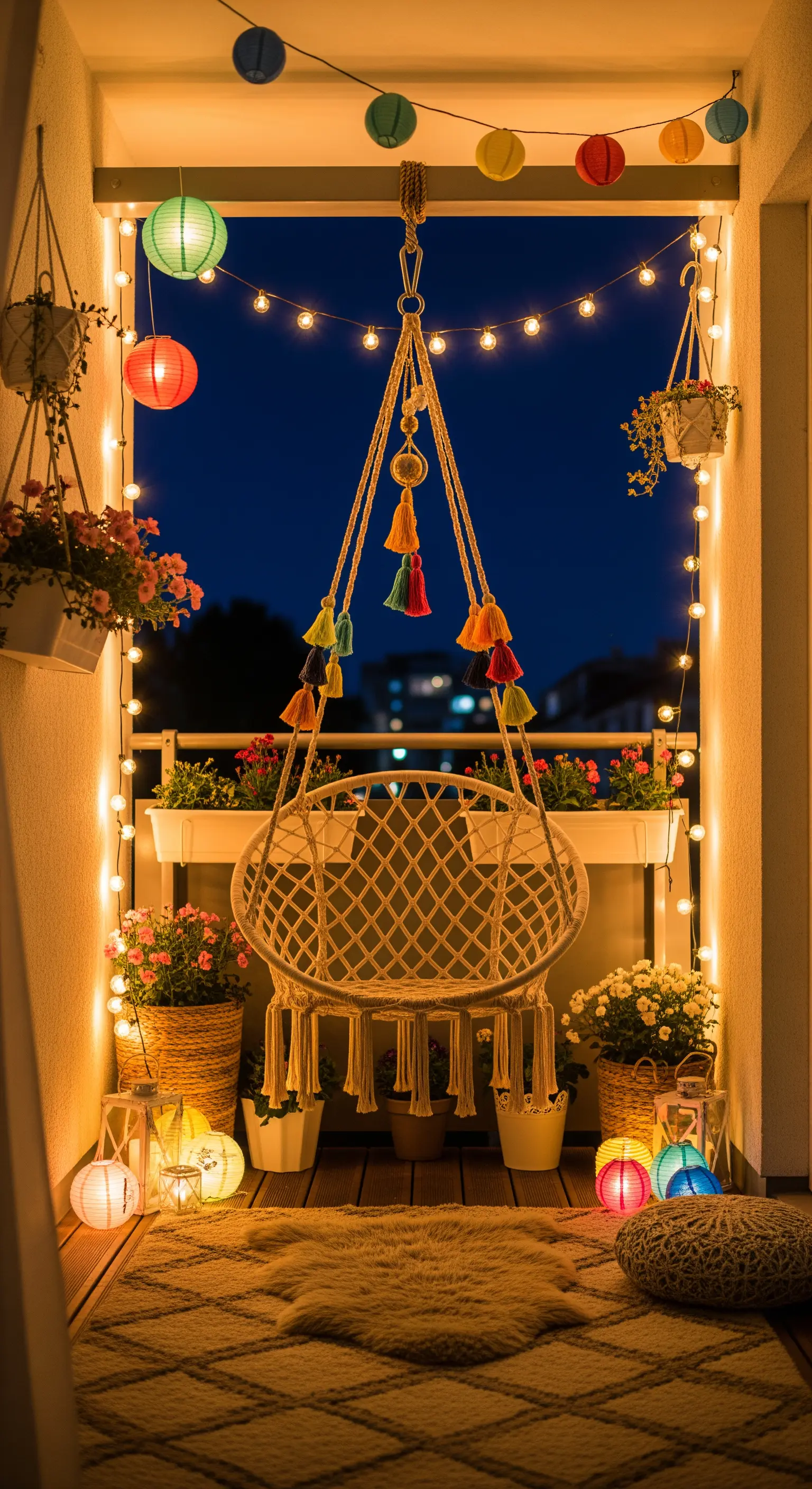 Bunter Balkon mit Hängesessel, Blumen und einer Mischung aus Lichterketten und bunten Lampions