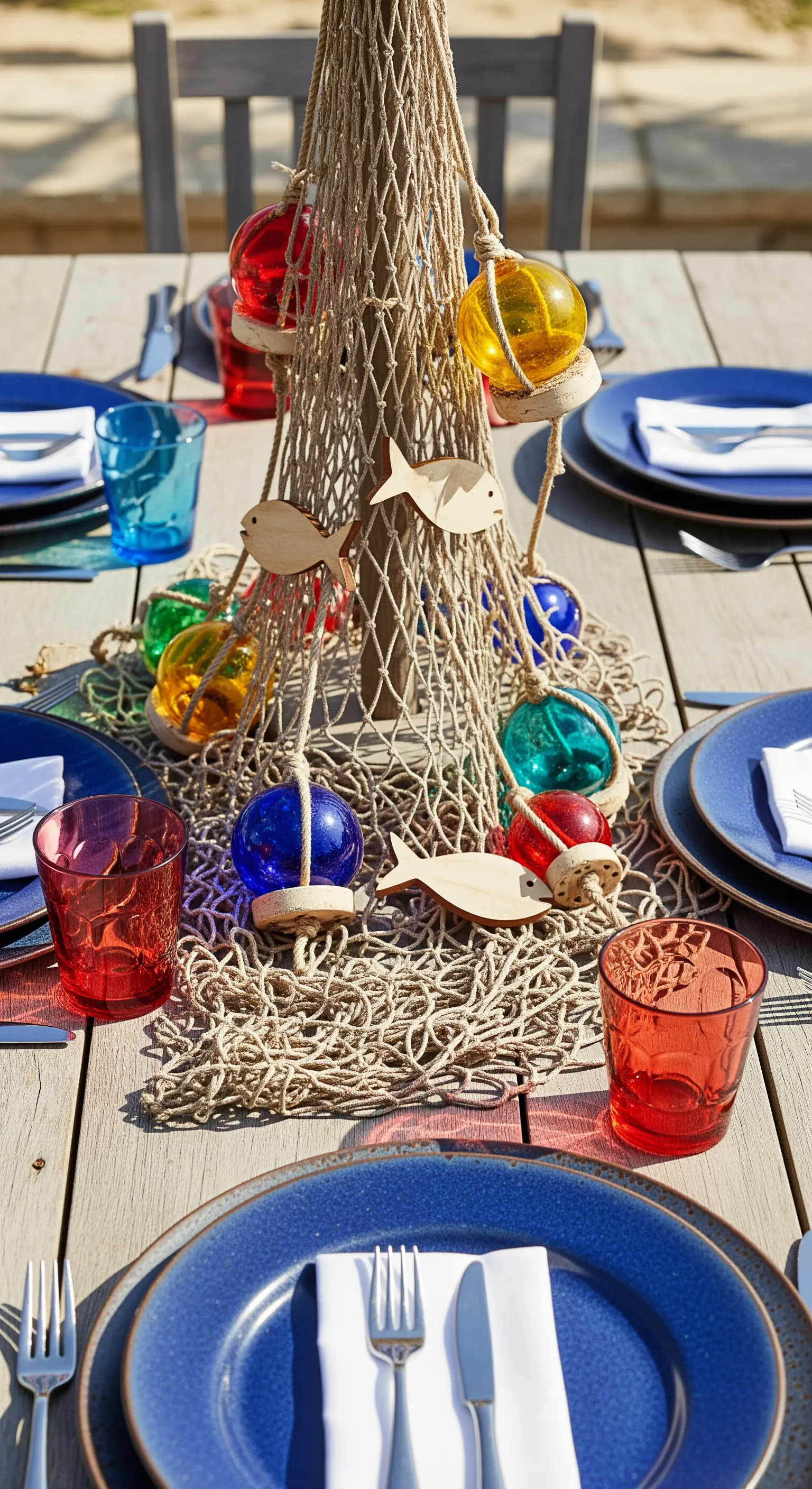 Tischdeko mit einem Fischernetz, bunten Glaskugeln und blauen Tellern.
