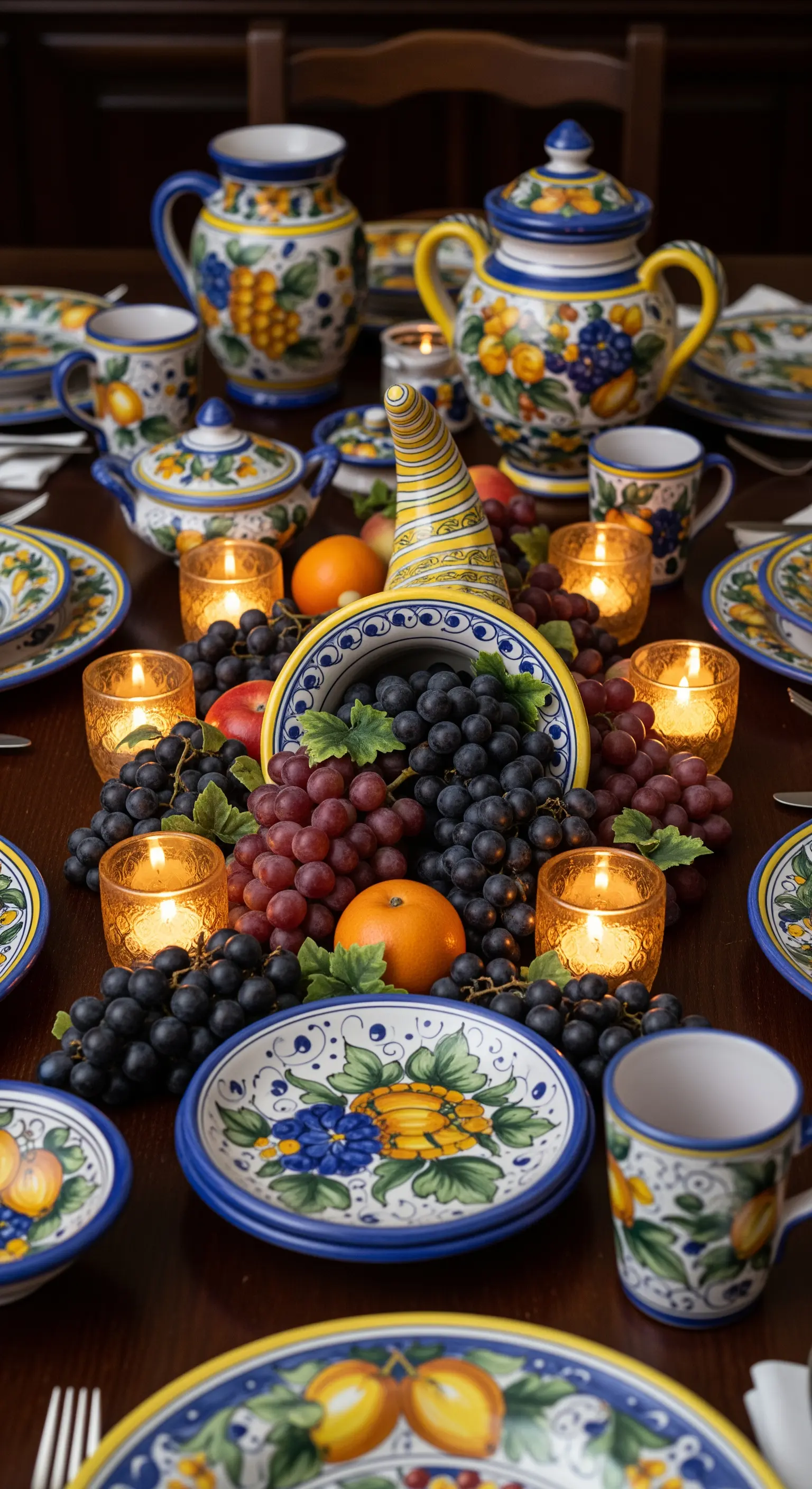 Tischdeko mit Füllhorn voller Trauben und Zitrusfrüchten, umgeben von Teelichtern und handbemaltem Geschirr