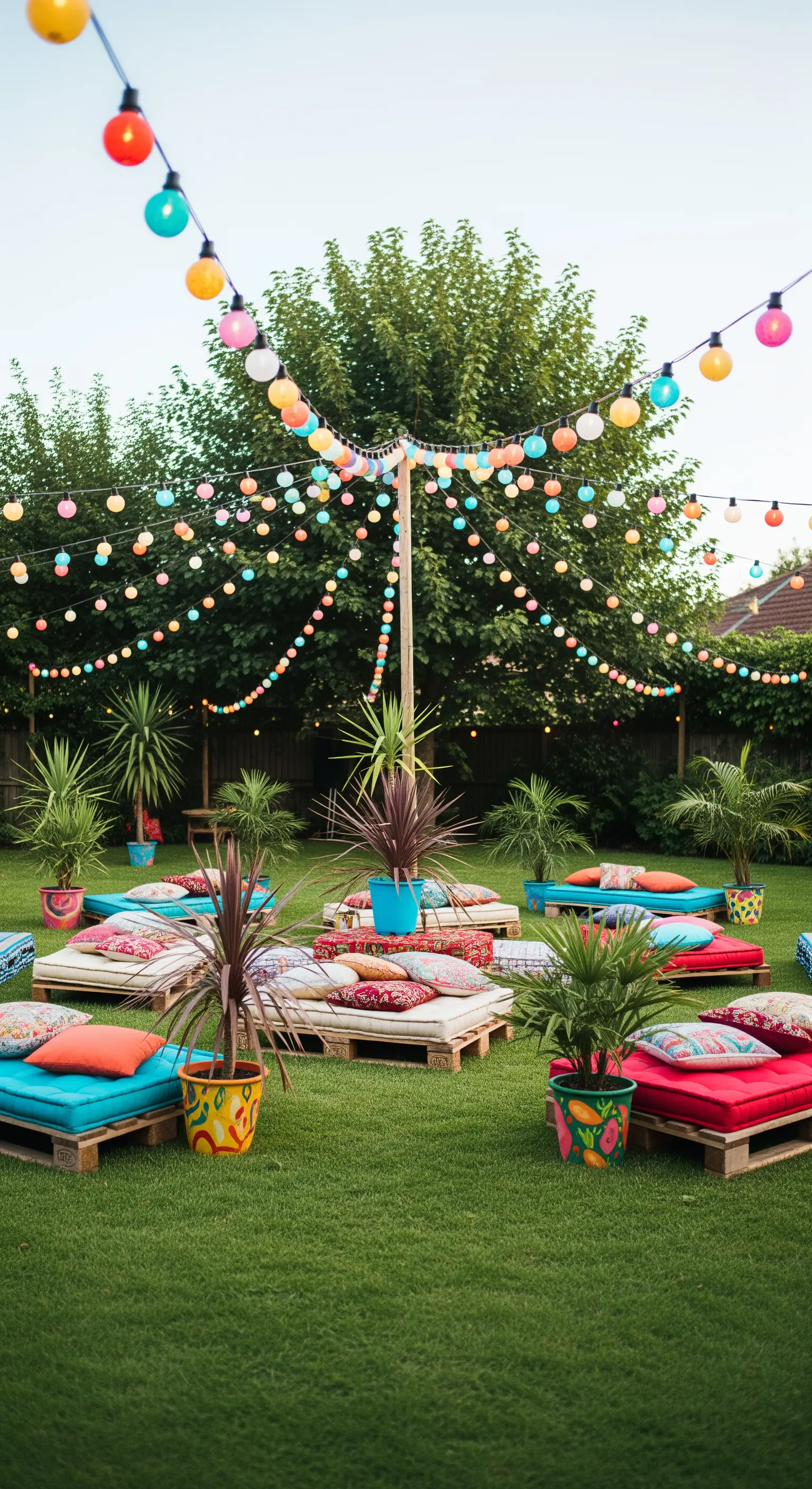 Lebhafte Gartenparty mit bunten Kissen auf Palettenmöbeln und farbenfrohen Lichterketten.