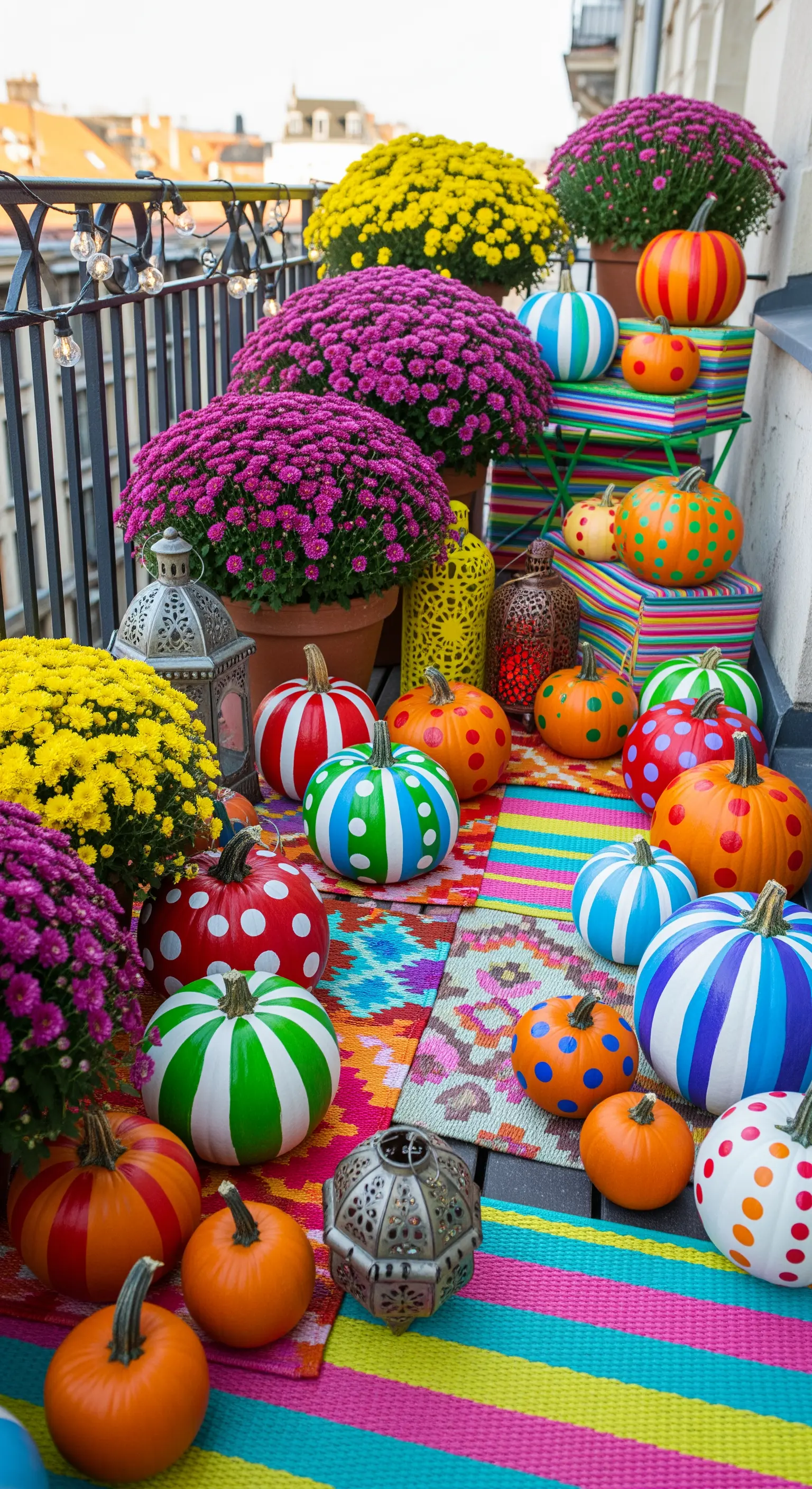 Bunter Balkon mit bemalten gestreiften/gepunkteten Kürbissen, blühenden Mums, gemusterter Teppich