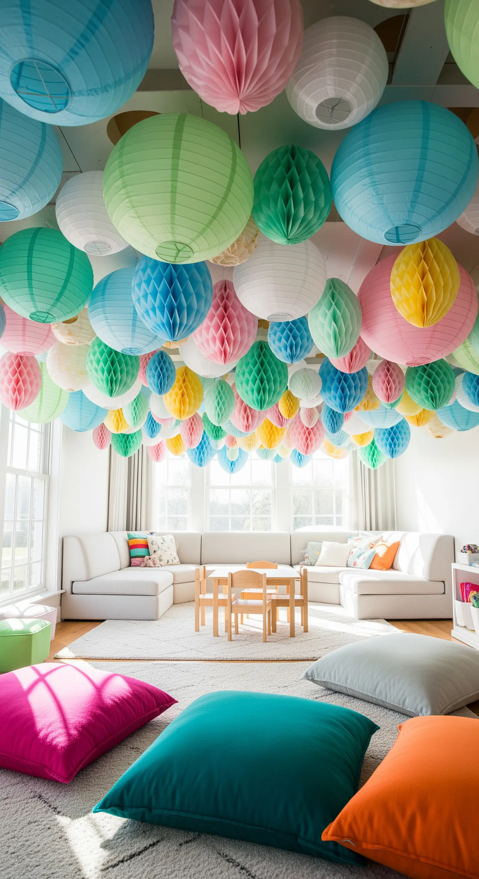 Buntes Lampion-Himmelmeer und Bodenkissen im Spielzimmer.