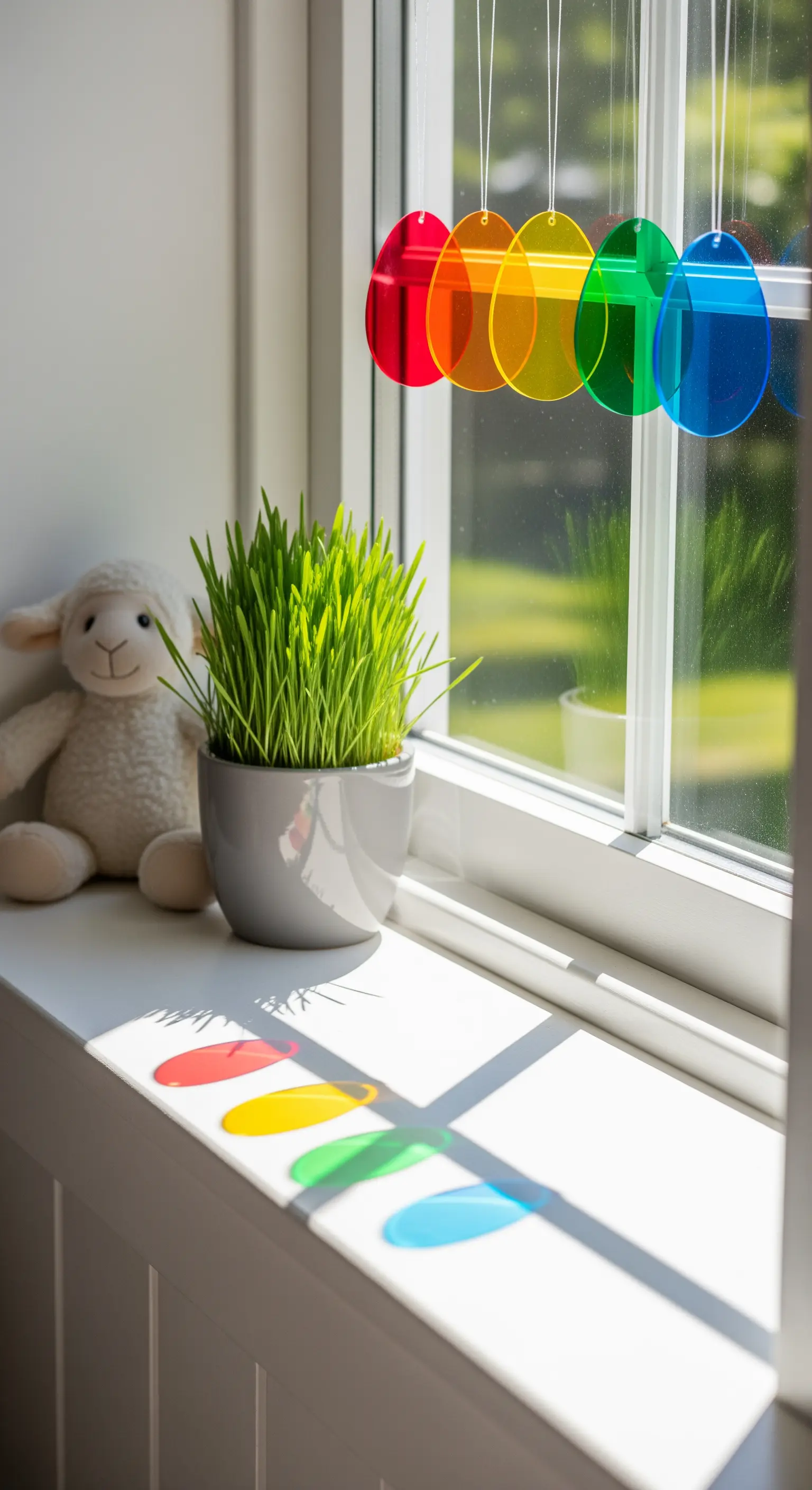 Window decor with colored transparent Easter egg shapes and wheatgrass.