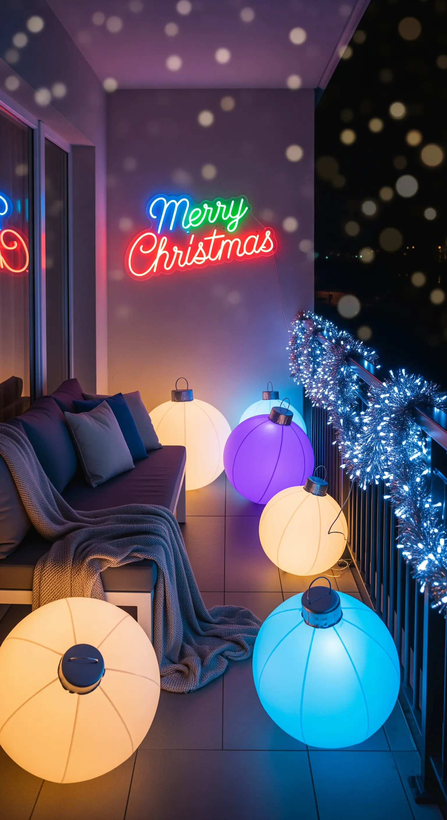 Balkon mit Neon-Schriftzug 'Merry Christmas', bunten Leuchtkugeln und Lichterketten