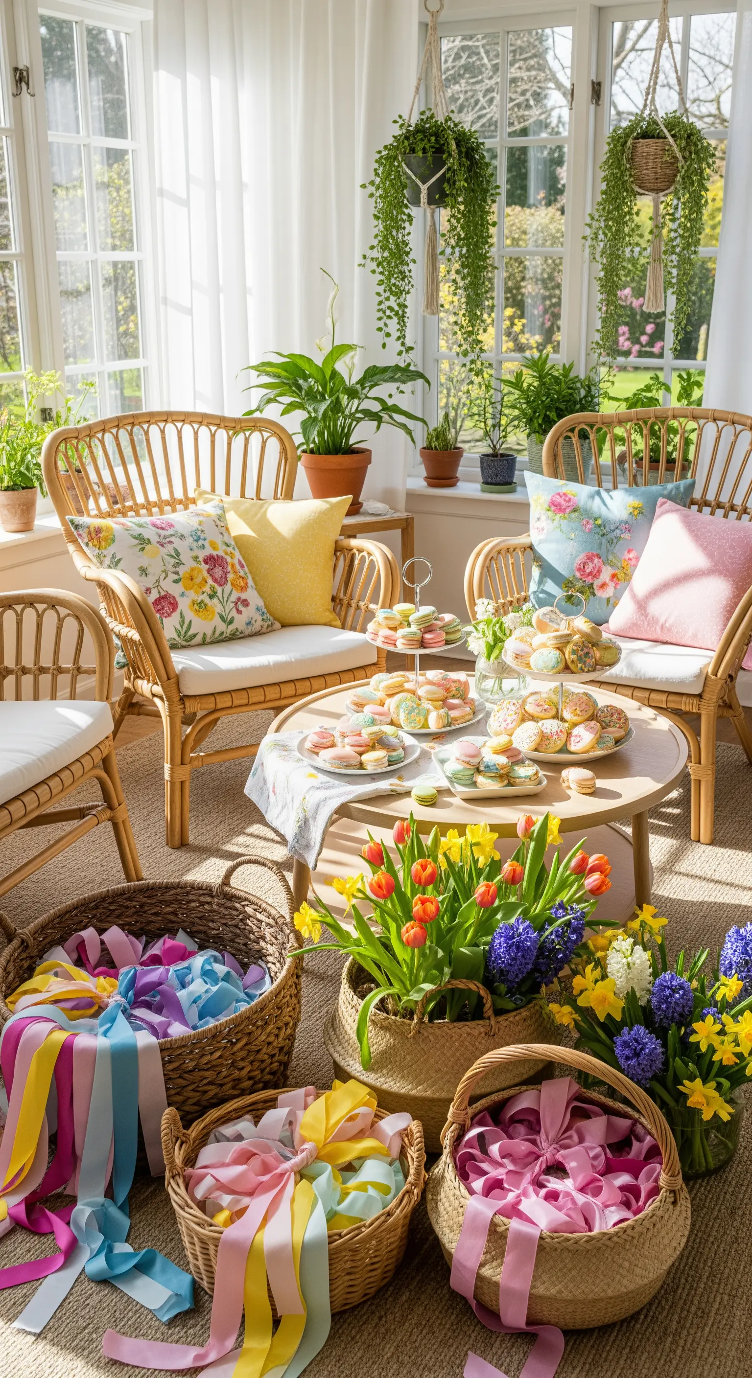 Gemütlicher Wintergarten mit Rattanmöbeln, Blumen und Ostergebäck