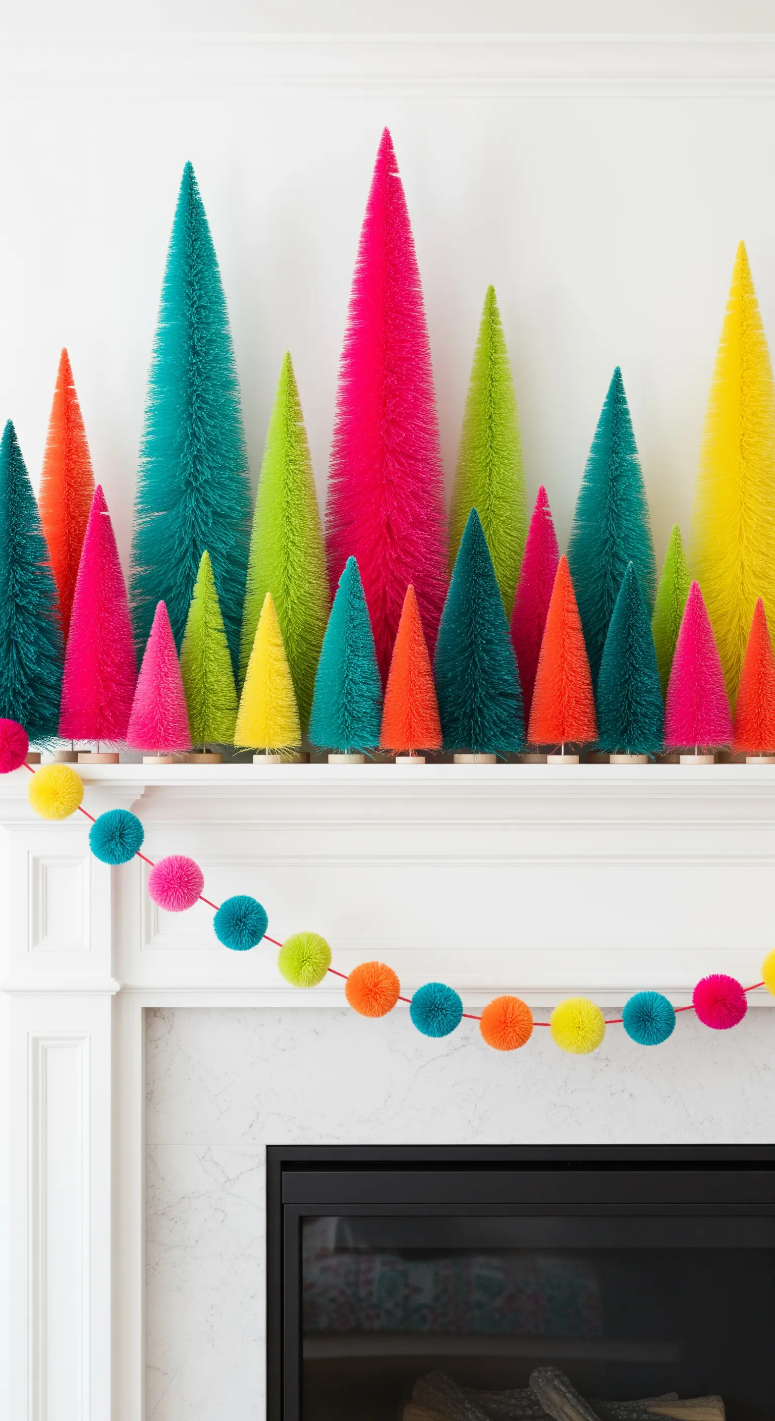 Farbenfrohe Weihnachtsdeko mit bunten Flaschenbürsten-Bäumen und einer Pom-Pom-Girlande.