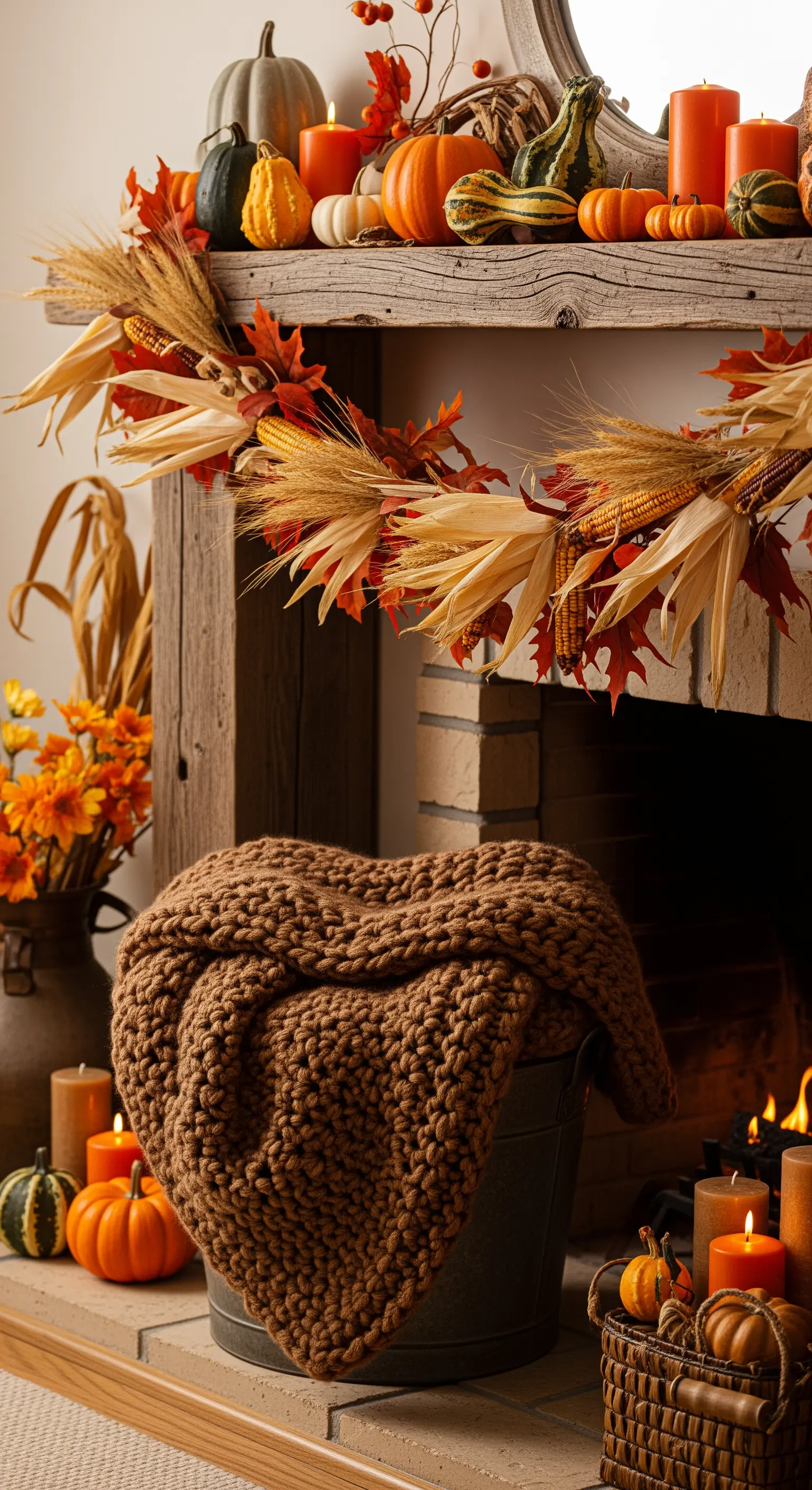 Rustikaler Herbstkamin mit Kürbissen, Maiskolben-Girlande und orangeroten Kerzen.