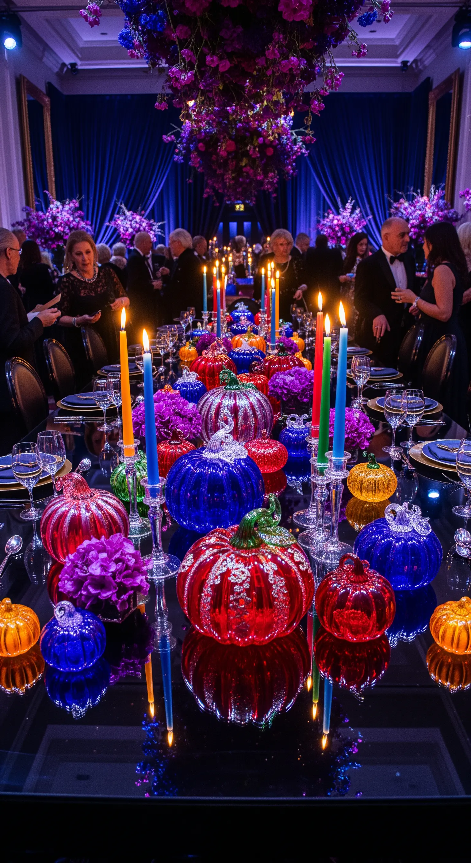 Bunte Halloween Tischdeko mit glitzernden Glas-Kürbissen und farbigen Kerzen