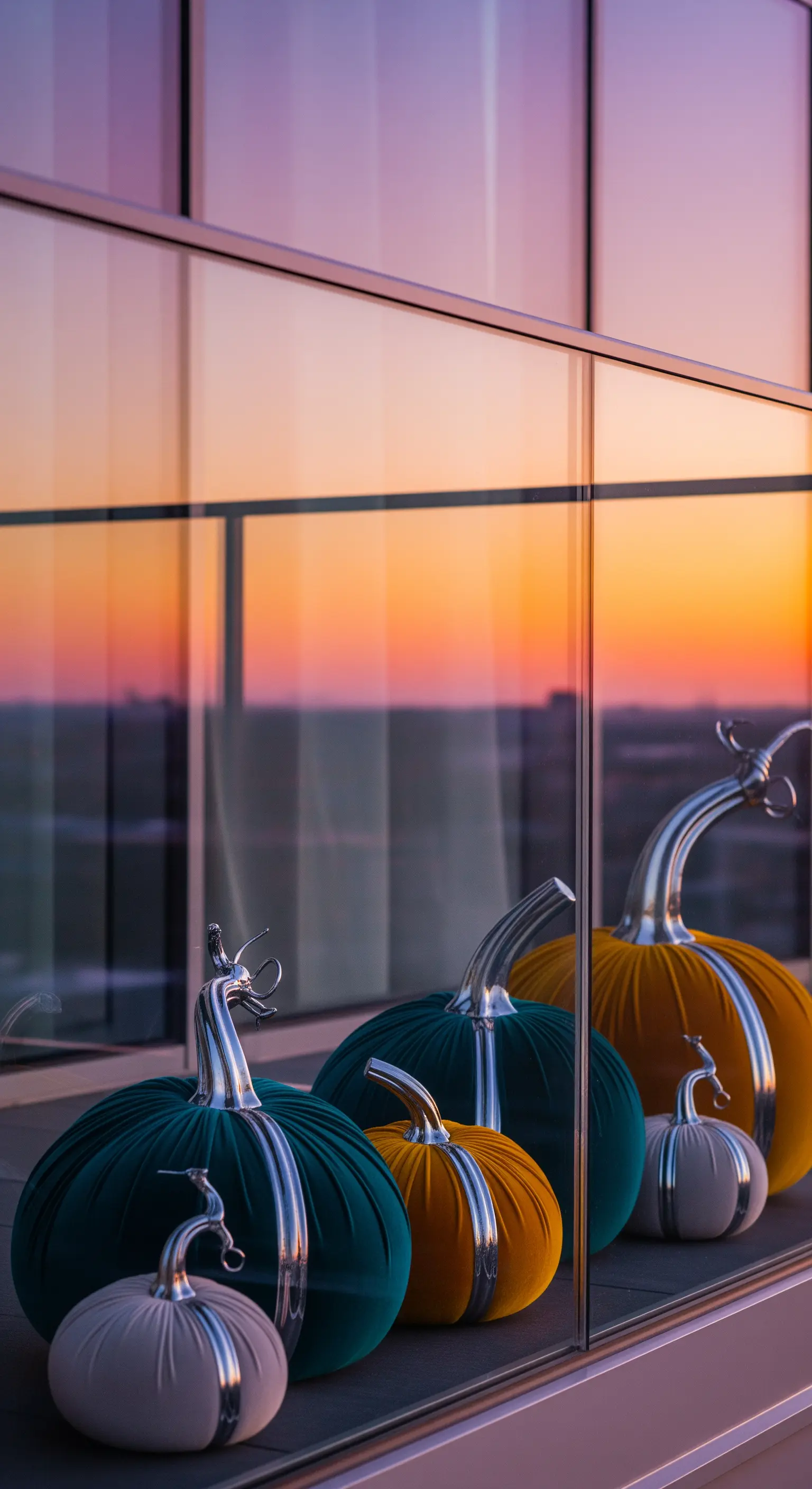 Hochhausbalkon mit Samtkürbissen in Petrol, Senfgelb, Creme mit Silberstielen