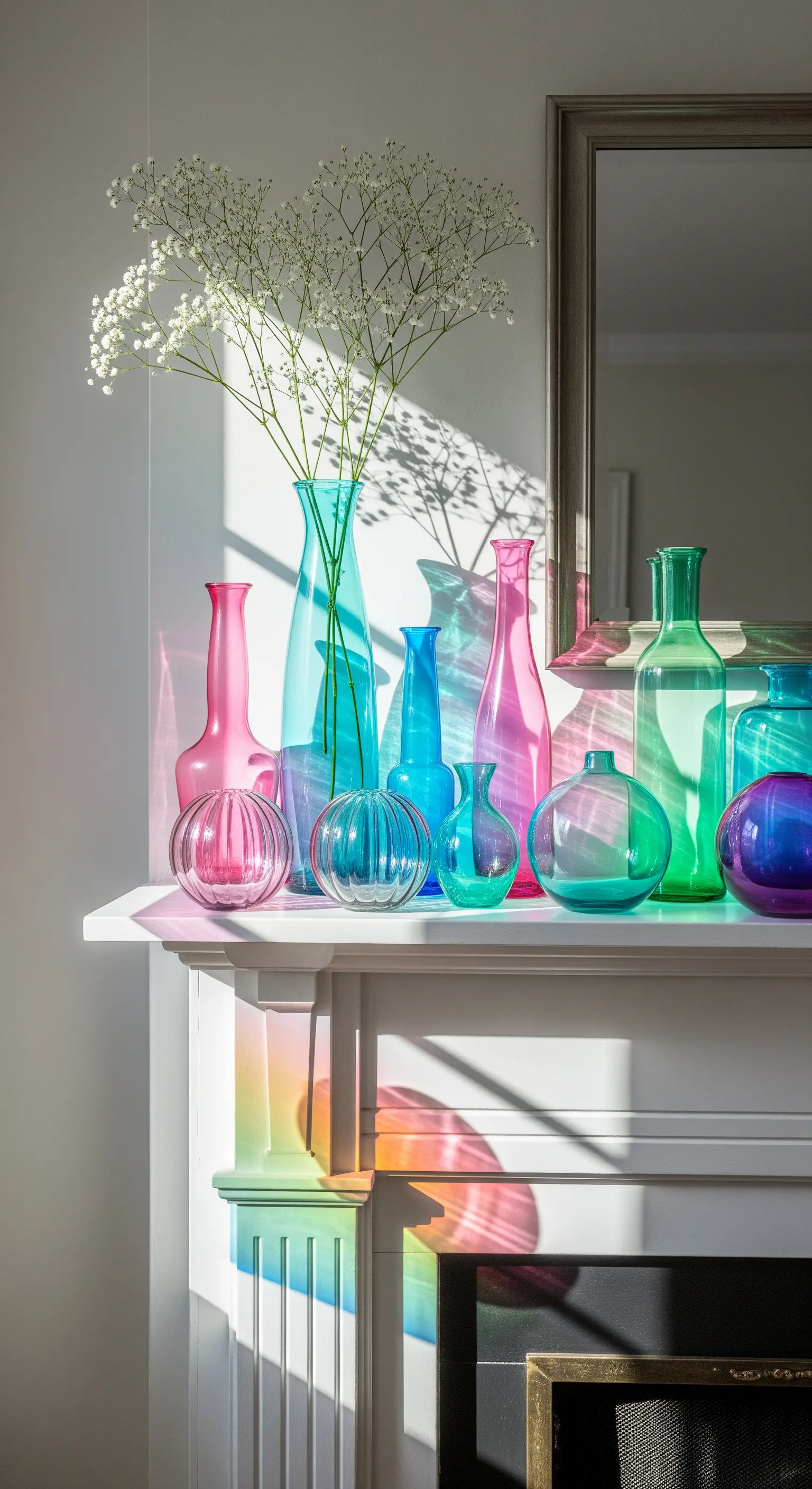 Bunte Glasvasen in Pink, Türkis und Grün werfen farbige Schatten im Sonnenlicht.