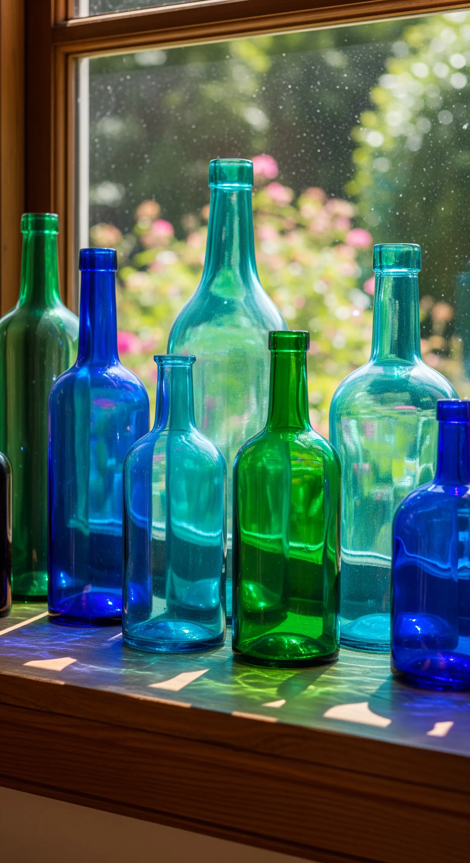 Sammlung von blauen und grünen Glasflaschen auf einer Fensterbank, vom Sonnenlicht durchstrahlt.