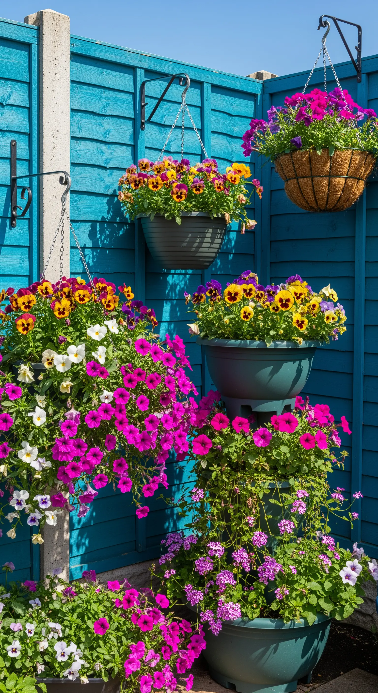 Blaue Holzwand mit bunten Blumen in Hängekörben und Pflanzgefäßen.