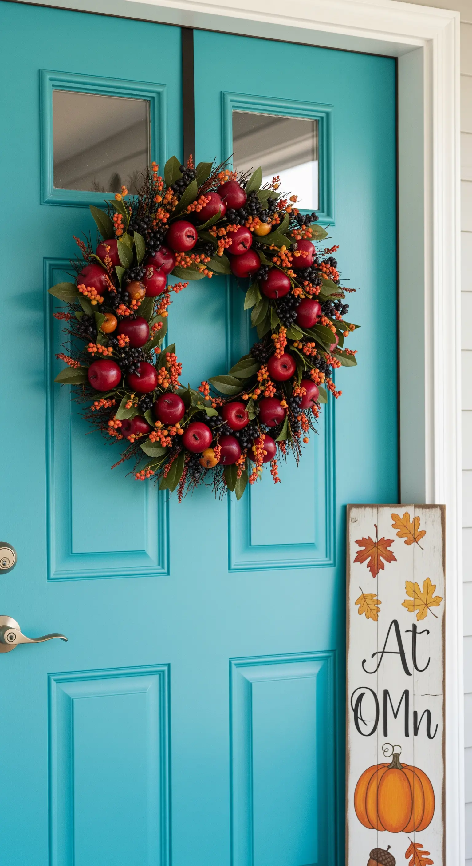 Apfel- und Beerenkranz an türkisfarbener Tür, Holzschild mit Herbstmotiven