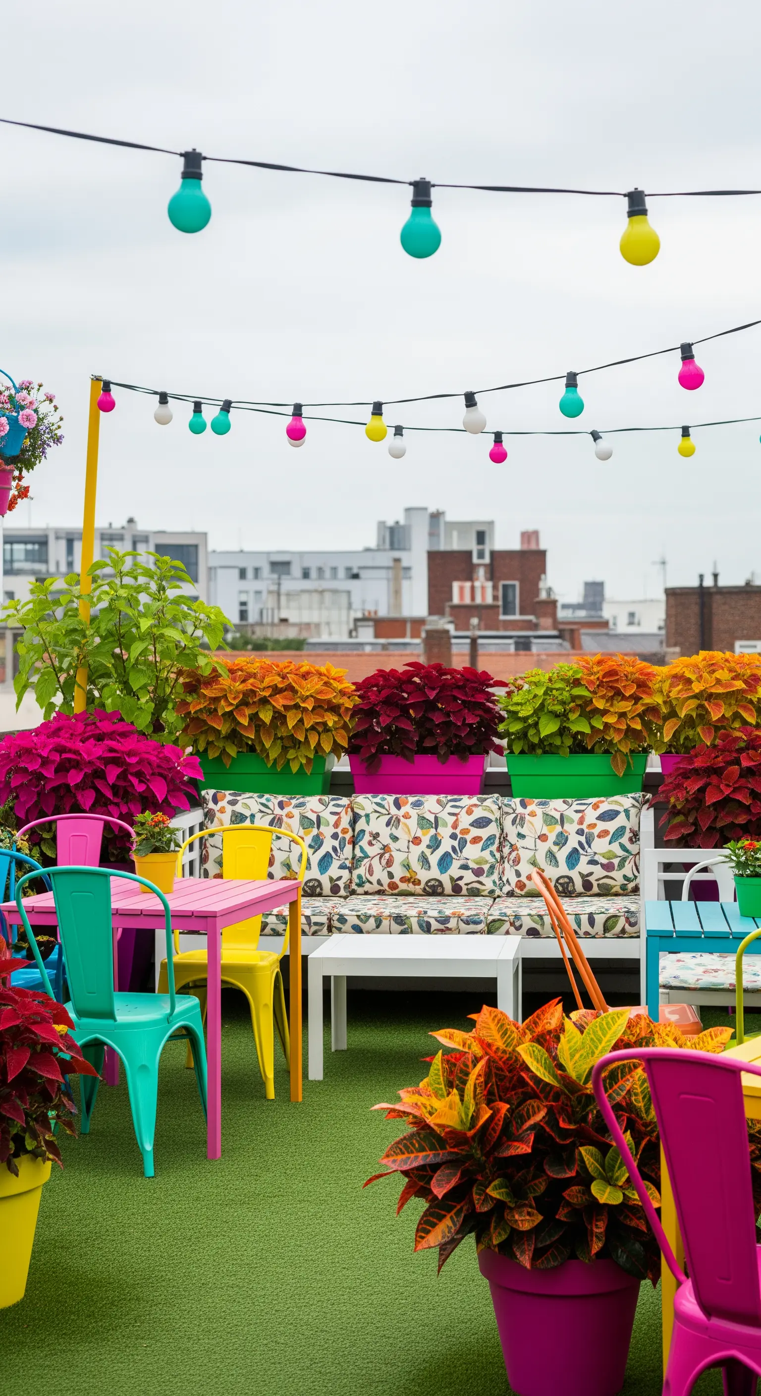 Bunte Dachterrasse mit farbenfrohen Metallstühlen, bunten Pflanzen und einer Lichterkette mit bunten Birnen.
