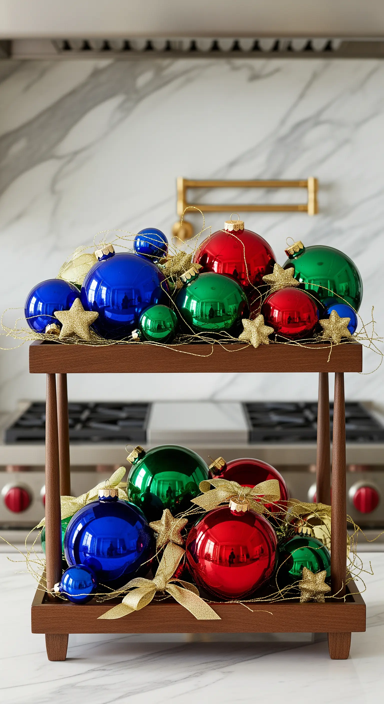Holz-Etagere gefüllt mit einer bunten Mischung aus roten, grünen und blauen Weihnachtskugeln.
