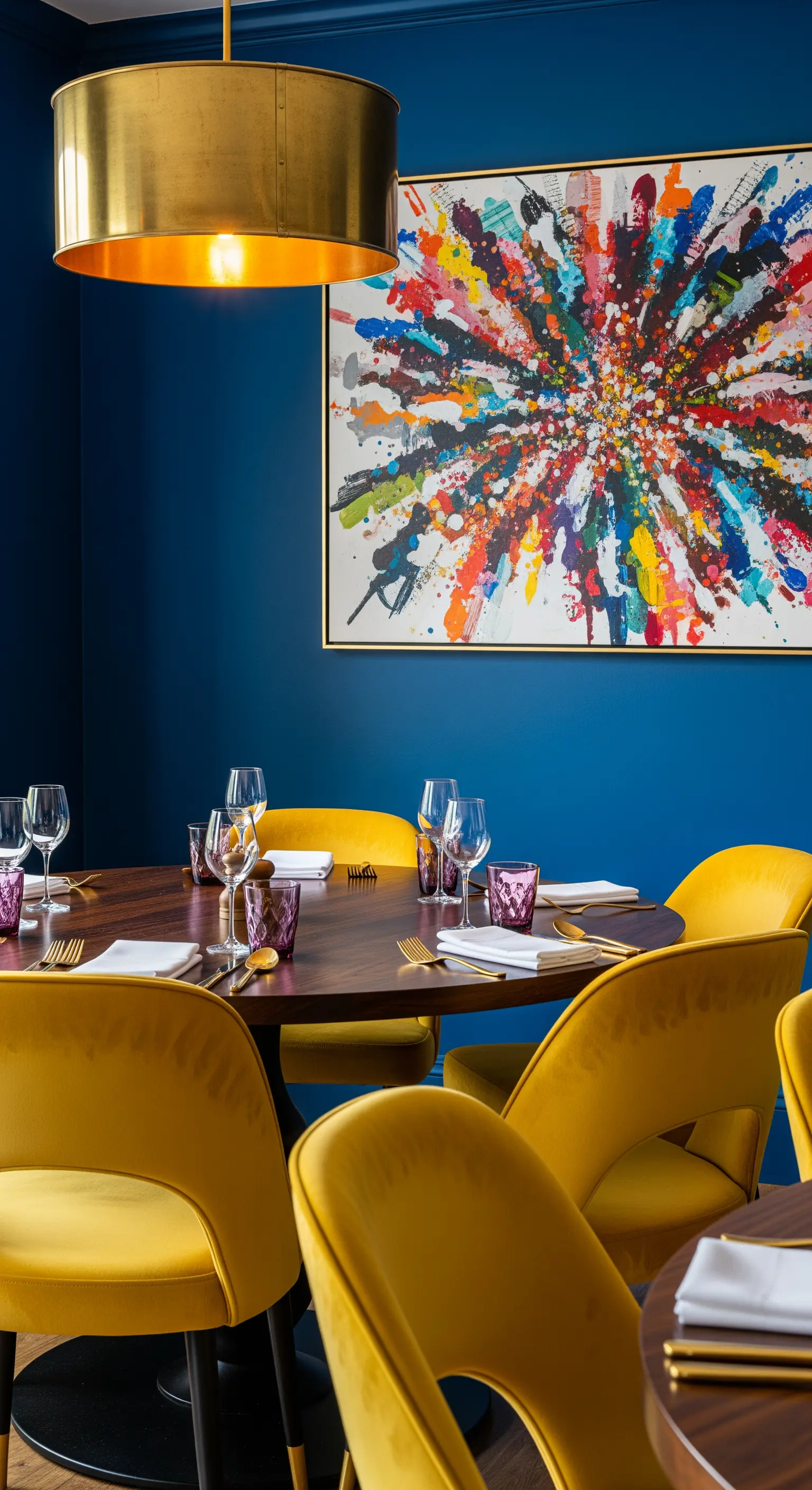 Esszimmer mit blauen Wänden, gelben Samtstühlen und einem großen abstrakten Bild.