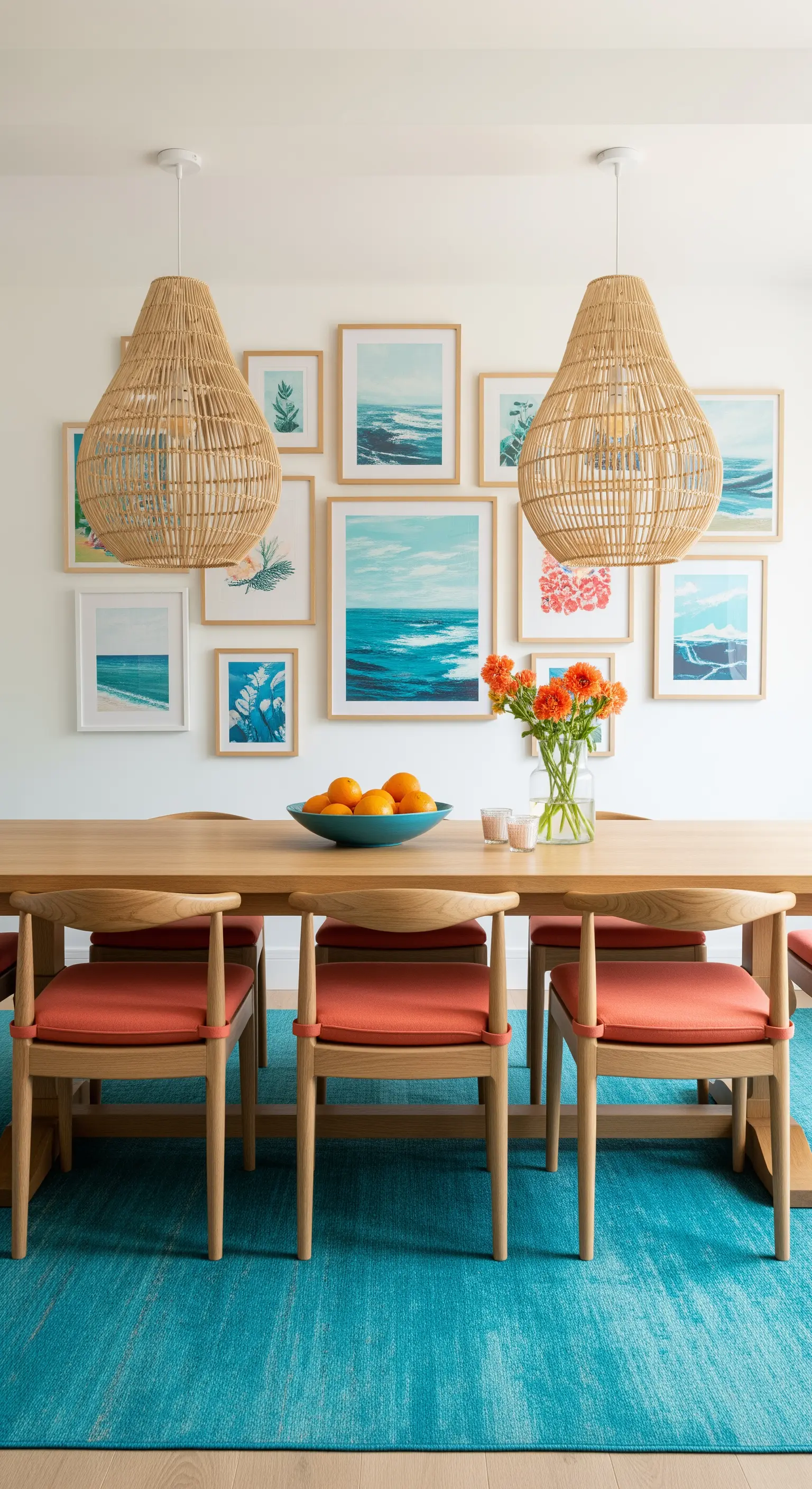 Esszimmer, Meer-Kunst-Galeriewand, Rattan-Leuchten, orange Kissen, blauer Teppich
