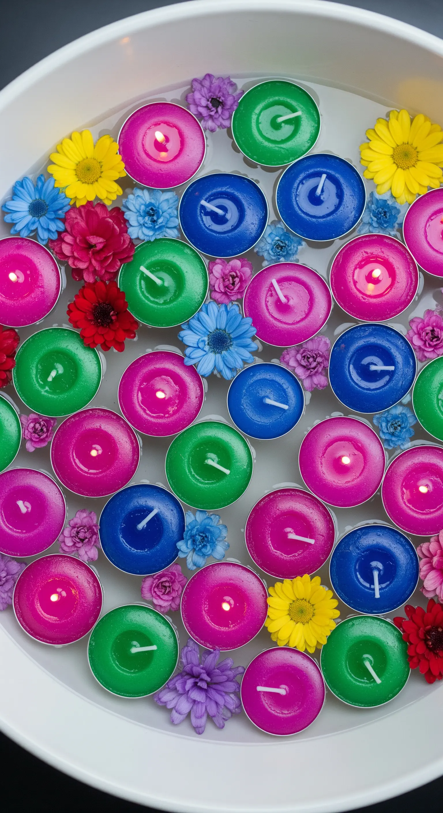 Bunte schwimmende Teelichter und Blüten in einer weißen Schale mit Wasser.